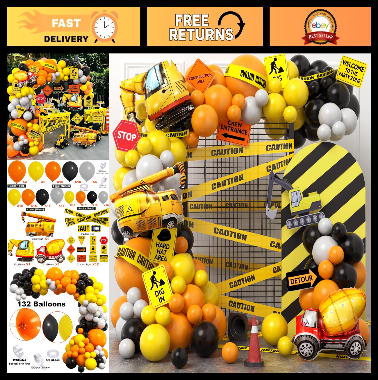 151Pcs Construction Party Supplies – Birthday Decorations, Balloon Arch, Caution