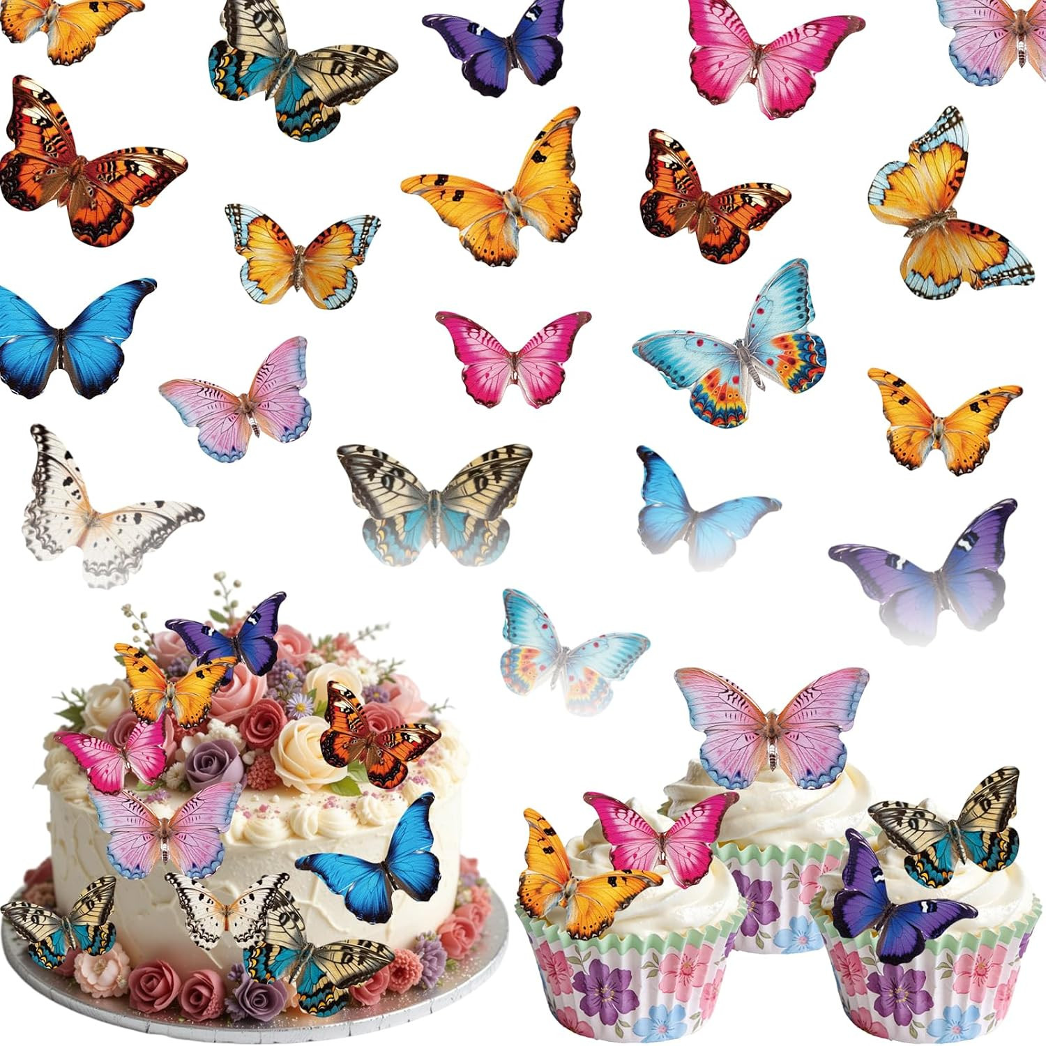 72PCS Edible Butterfly Cupcake Toppers Wafer Paper 3D Butterflies Cake Picks