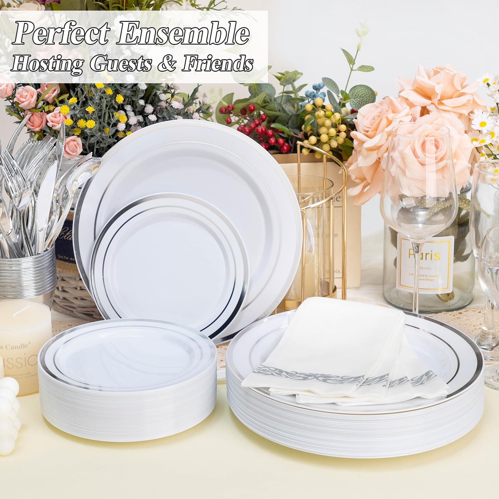 100 Piece Silver Rim Plastic Plates – 50 Dinner Plates 10.25″ & 50 Dessert Pl…