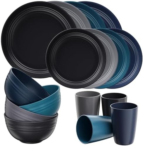 Quatish 16 Pcs Unbreakable Plates and Bowls, Plastic Dinnerware Sets for 4, R…
