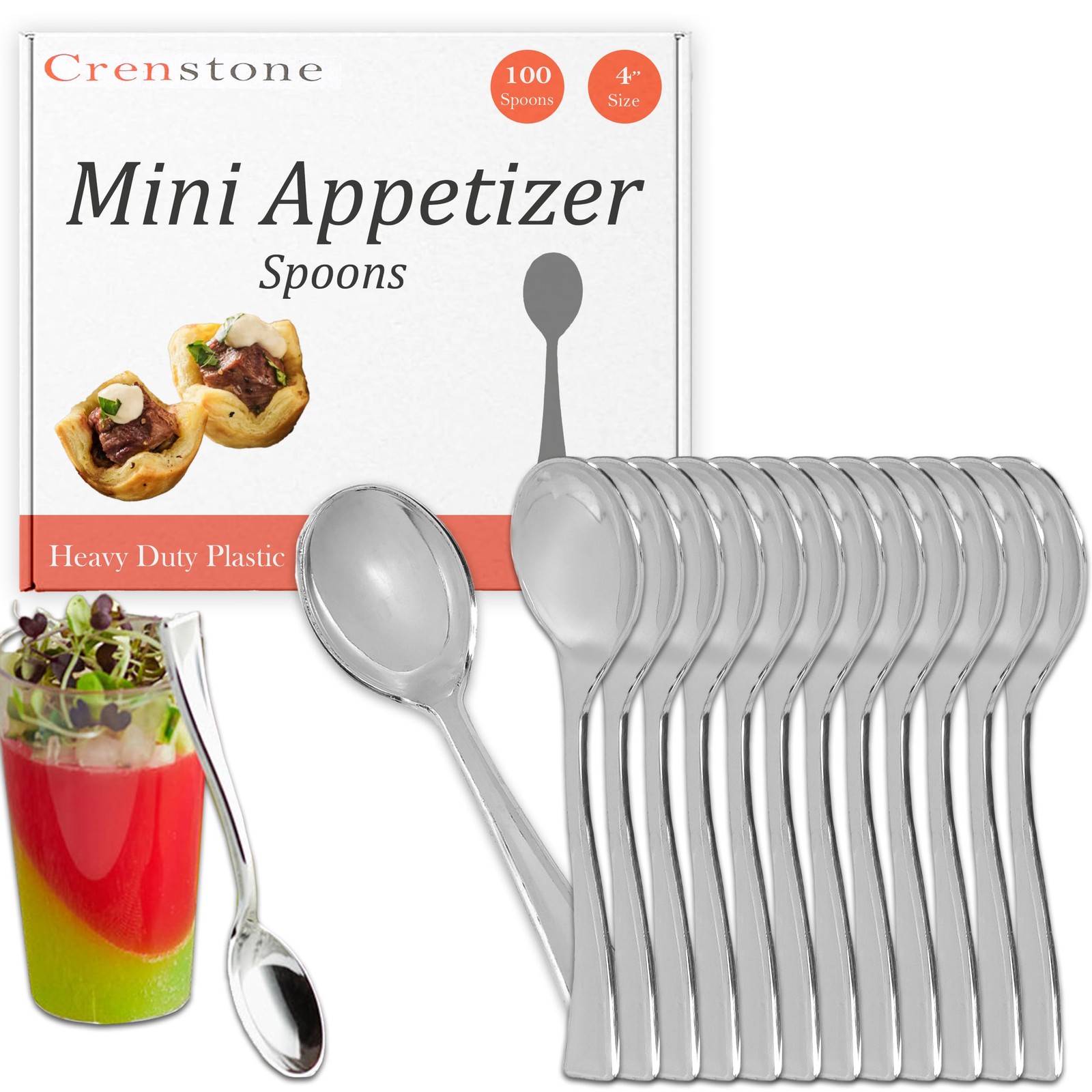 Plastic Mini Appetizer Spoons Value Pack – 100 Count Silver Mini Spoons for A…