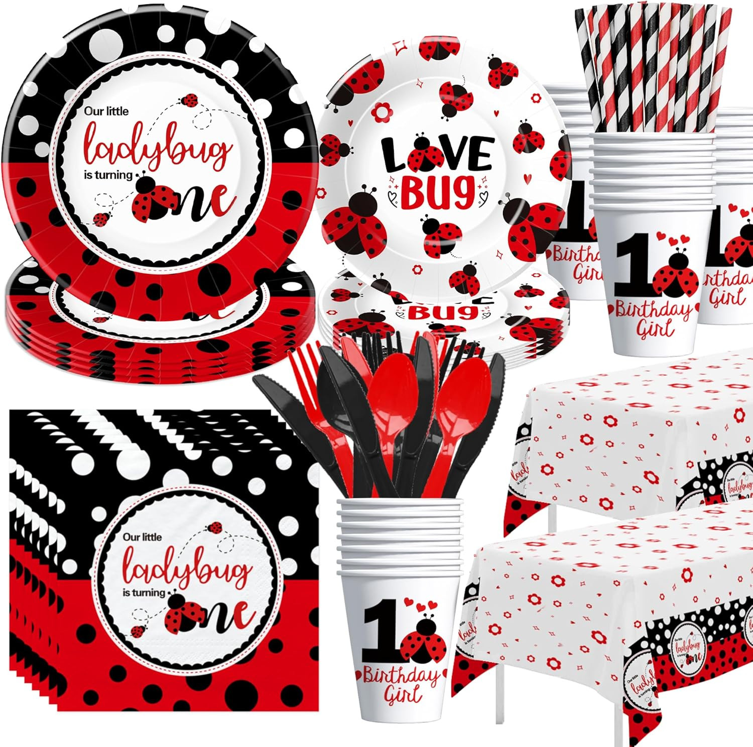 Ladybug 1st Birthday Party Tableware Set Plates Cups Napkins Serves 24