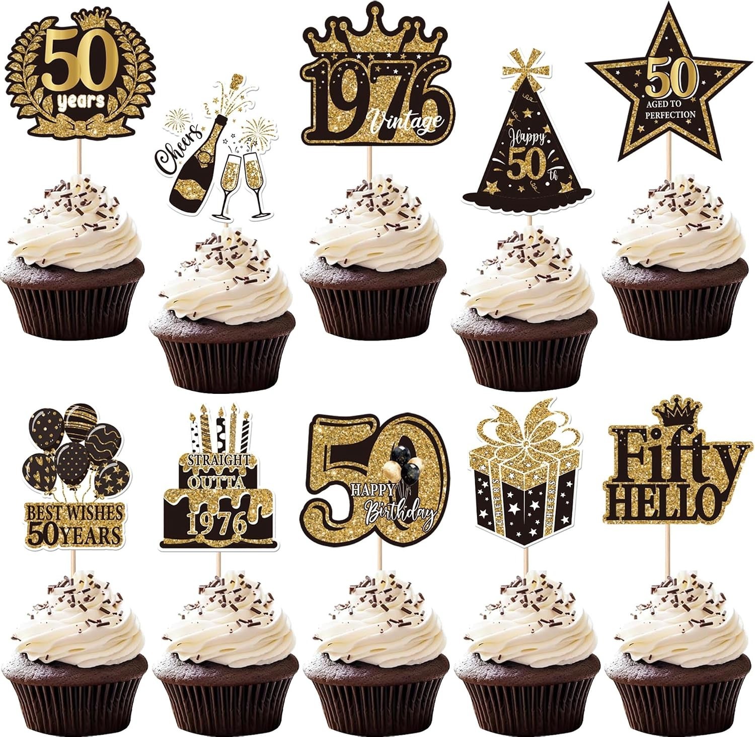 50th Birthday Cupcake Toppers 40 Pack Black Gold Decorations
