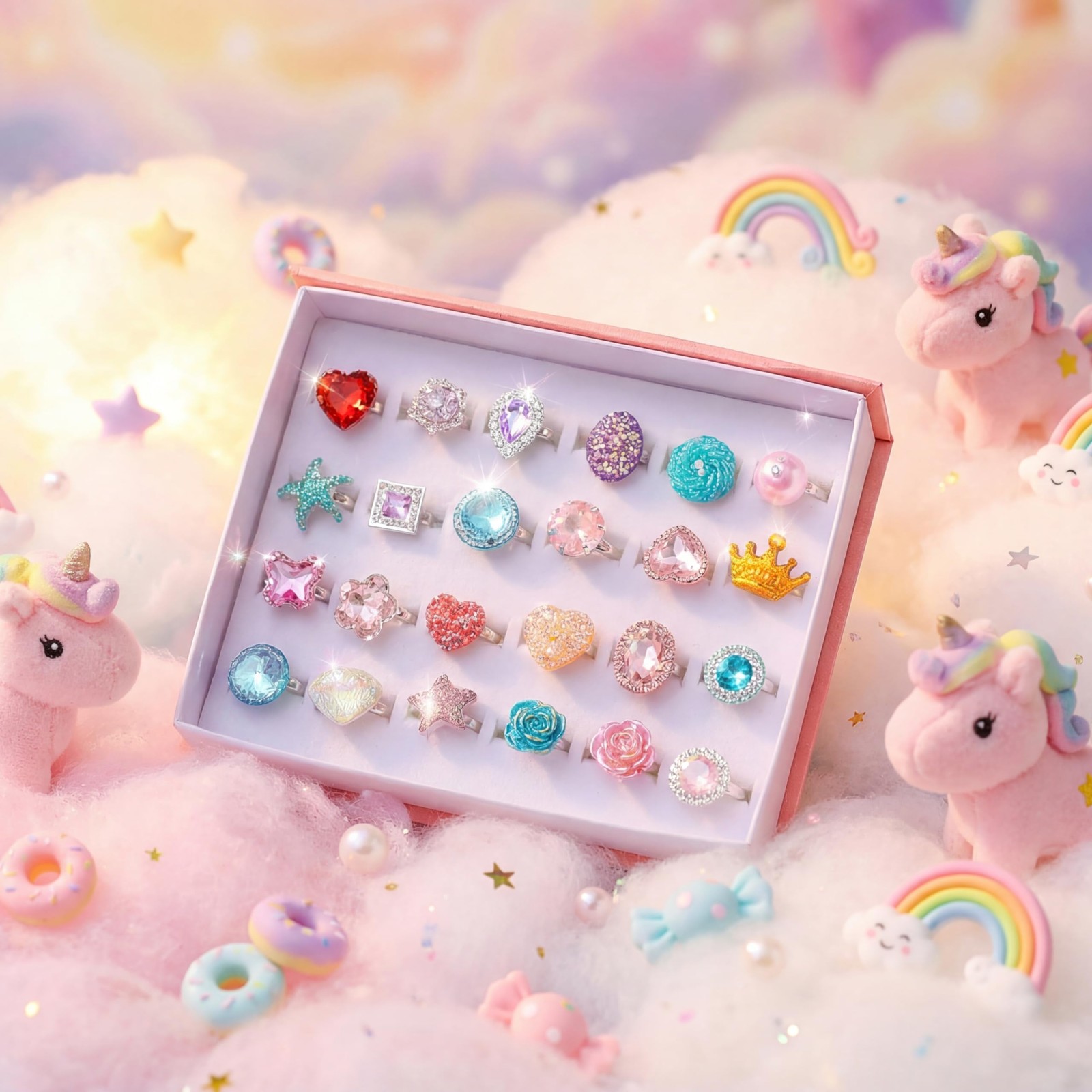 PASEMM 24pcs Little Girl Jewel Rings, Adjustable, No Duplication Kids Play Ri…