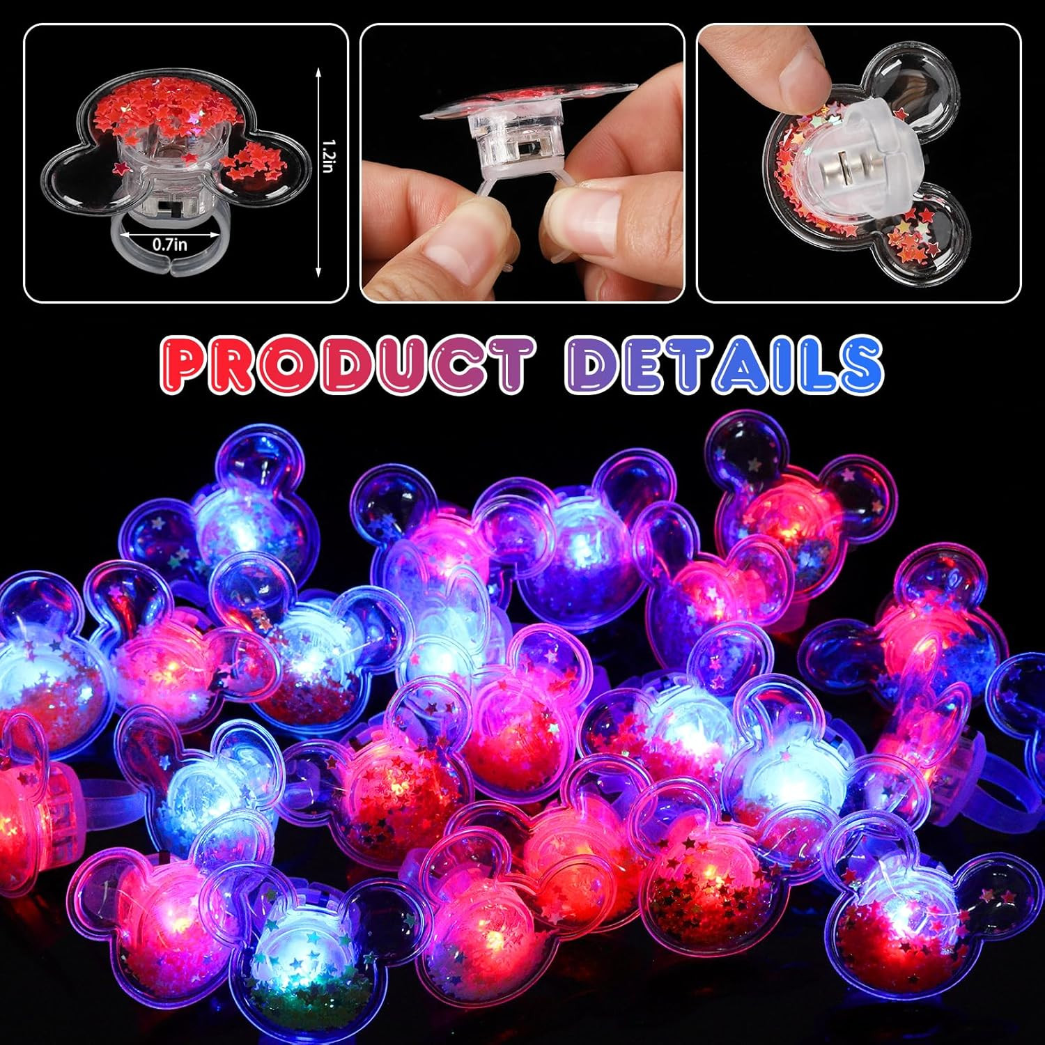 Mouse Party Favors 24 Pcs Glitter Mouse Ear LED Light up Rings Glowing Finger Ri