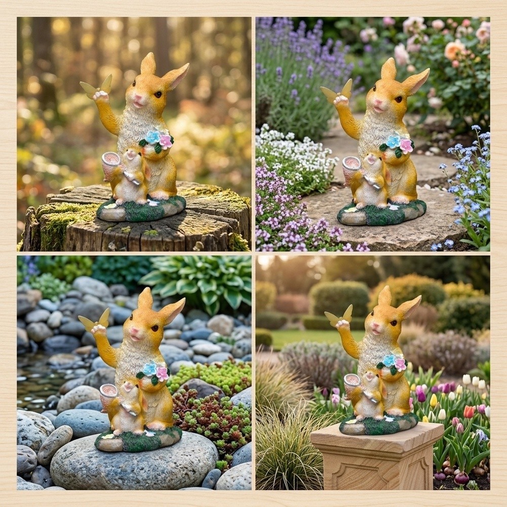 Small Solar Bunny Garden Statue with Lantern 14.6cm Depth 10.5cm Width