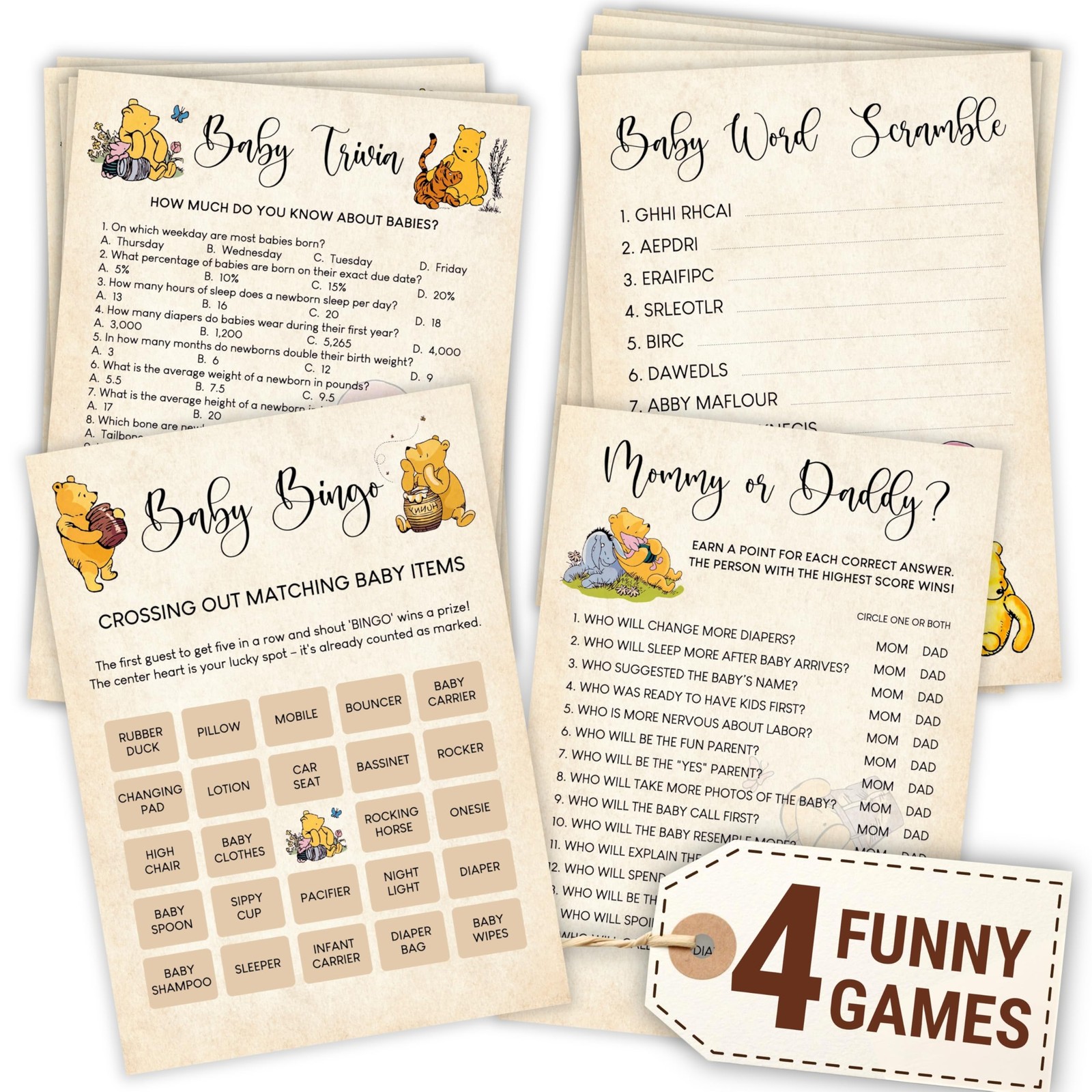 WOODAMORE Winnie Baby Shower Games Boy Pooh Baby Shower Bingo Cards for 25 G…