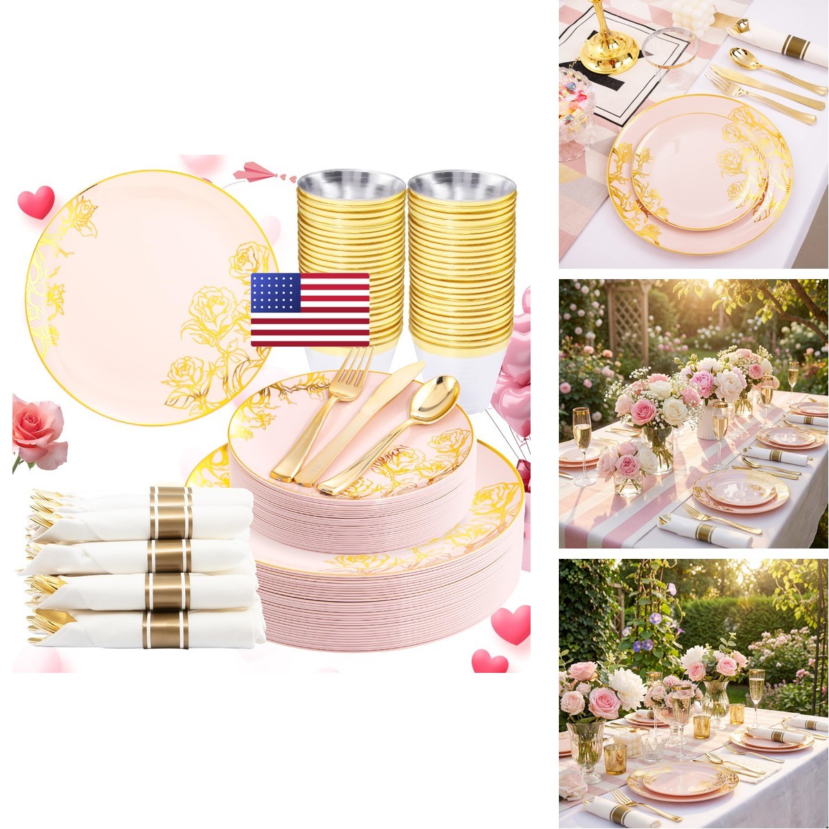 Dayammi 210Pcs Pink Plastic Platespink Gold Floral Disposable Dinnerware Set-30