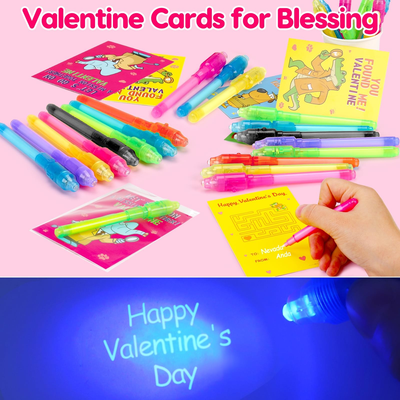 28PCS Spy Pens Valentines Day Gifts for Kids School Magic UV Light Pen Valent…