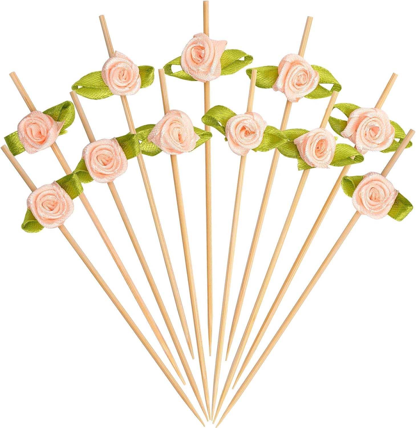 Pink Rose Flower Cocktail Picks, 4.7 Inch Long Bamboo Fancy Toothpicks for
