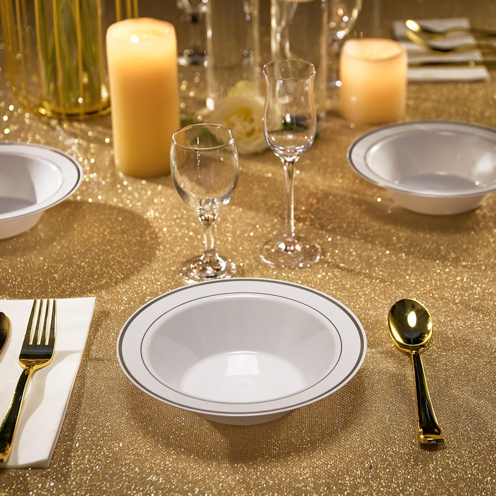 100PCS Plastic Bowls with Silver Rim-12oz Disposable Soup Bowls, Christmas Th…