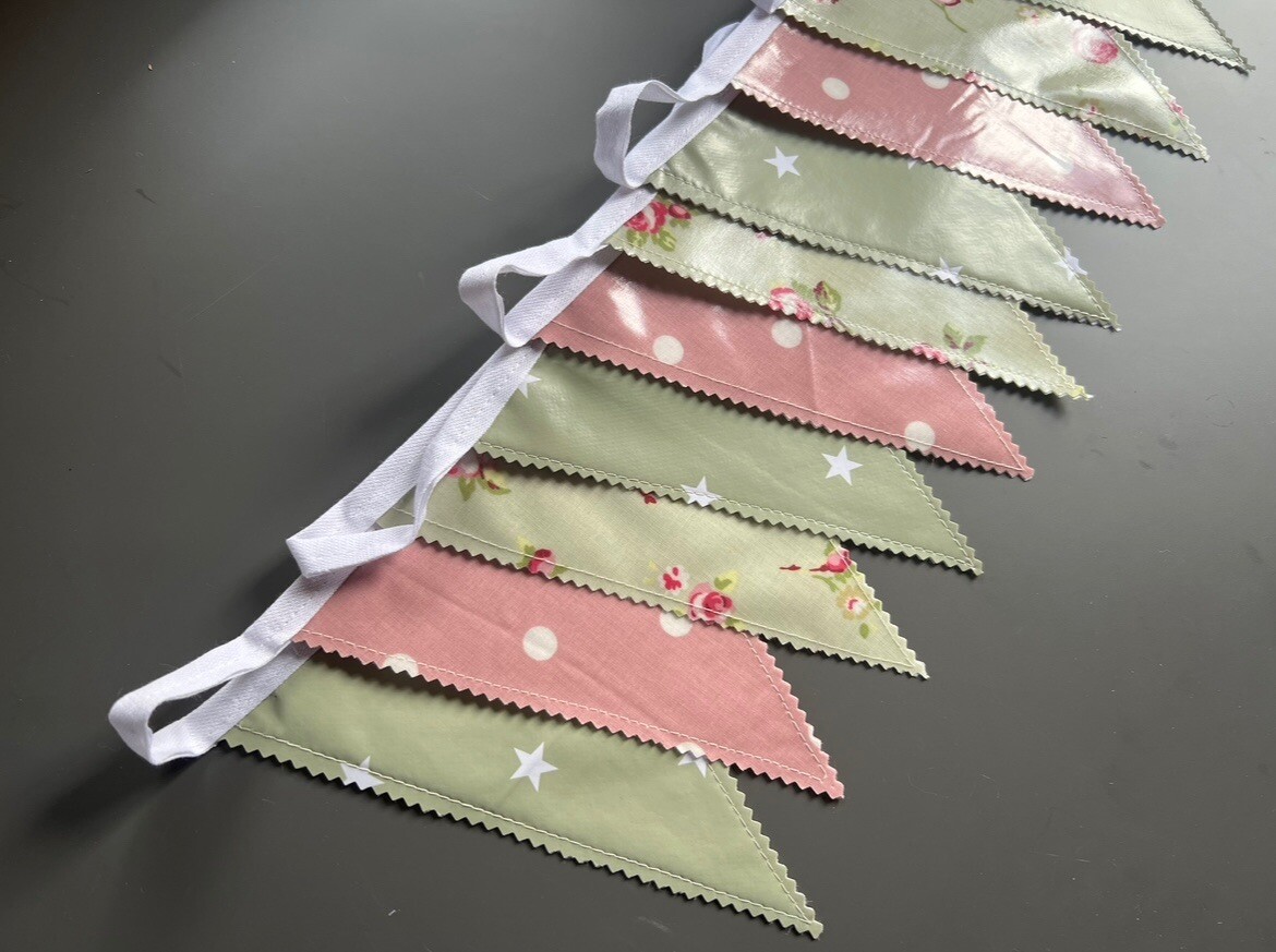 Handmade Outdoor Waterproof Bunting Sage Star Vintage Pink Floral All Lengths