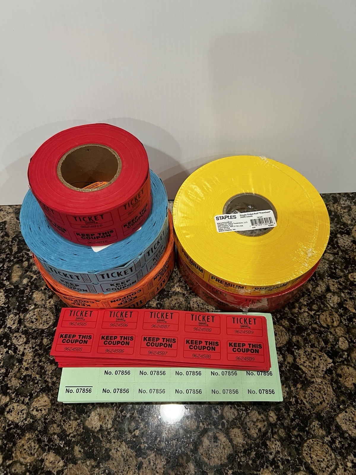 Staples Raffle Tickets Roll 2000 Count Multicolor Solid Party Theme MPN 19165