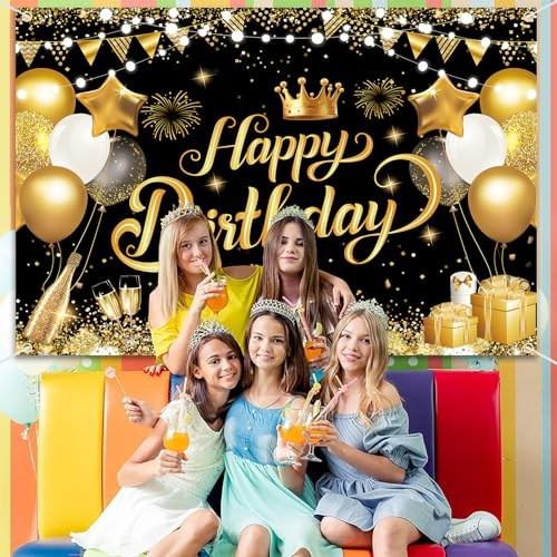 ft Happy Birthday Backdrop Banner – Black Gold Glitter Balloon Theme 7×5