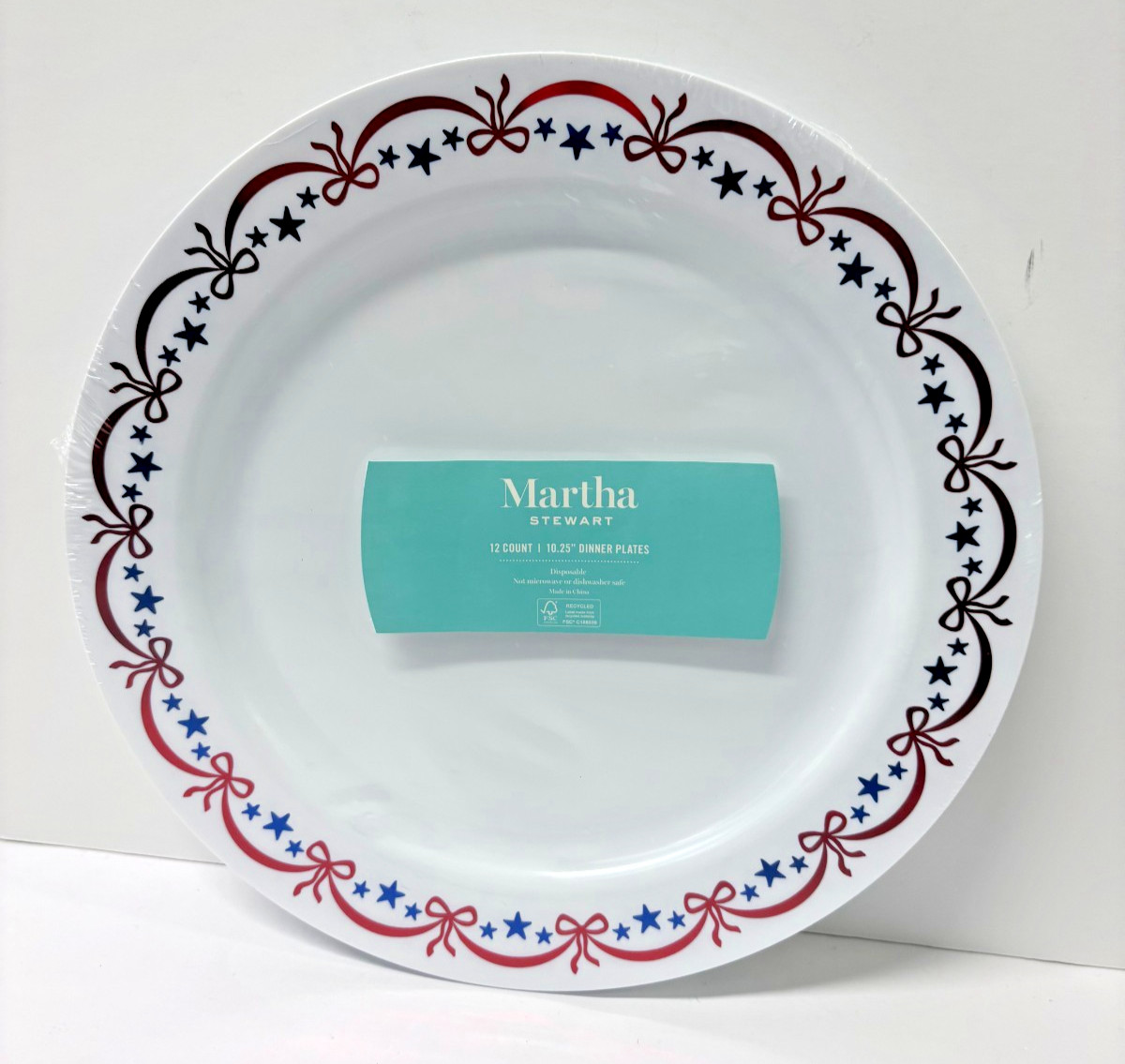 12 pk Martha Stewart Patriotic Red, White & Blue Disposable Dinner Plates 10.25″