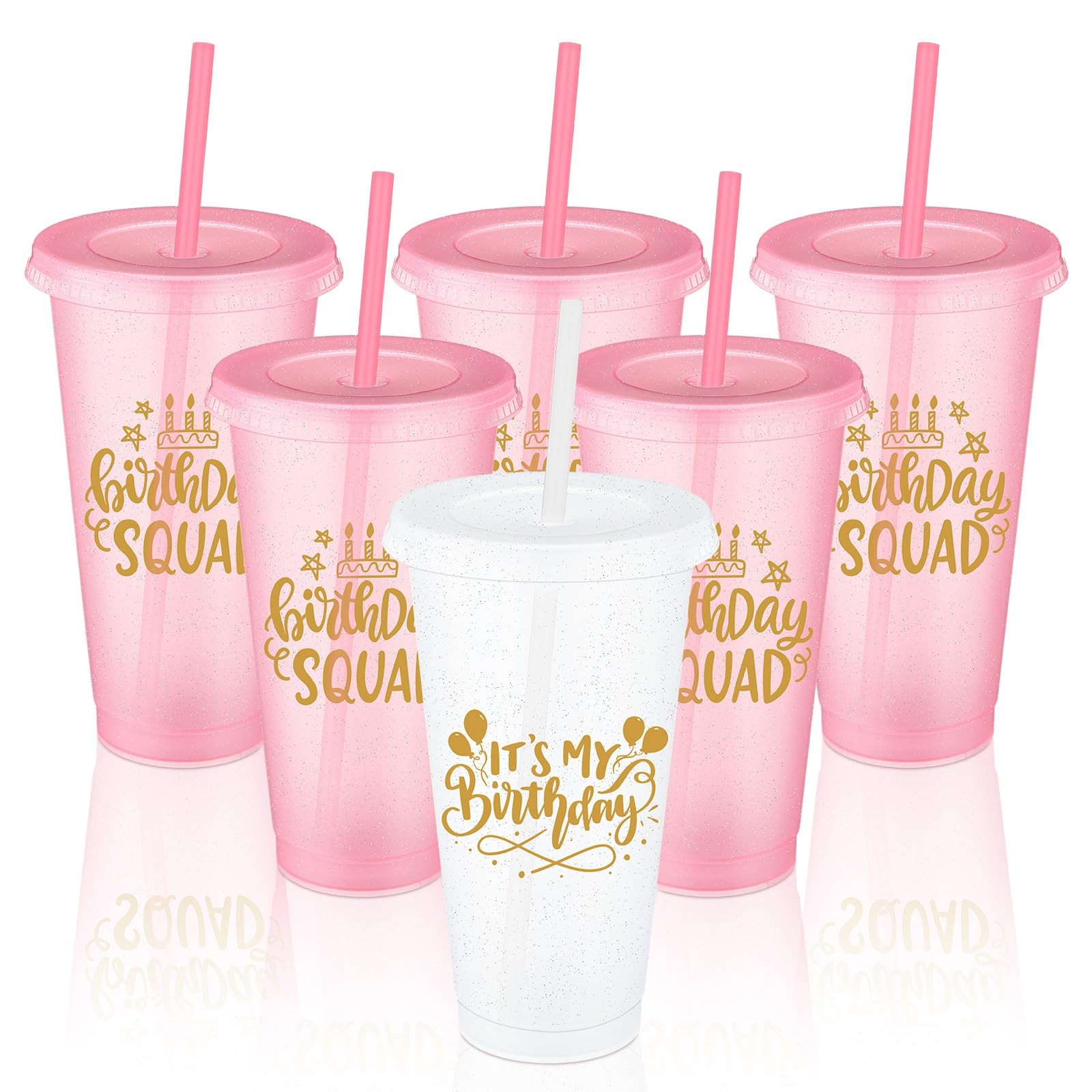 Jingmore Birthday Party Tumblers 24 oz Squad Plastic 24 oz, White,Pink