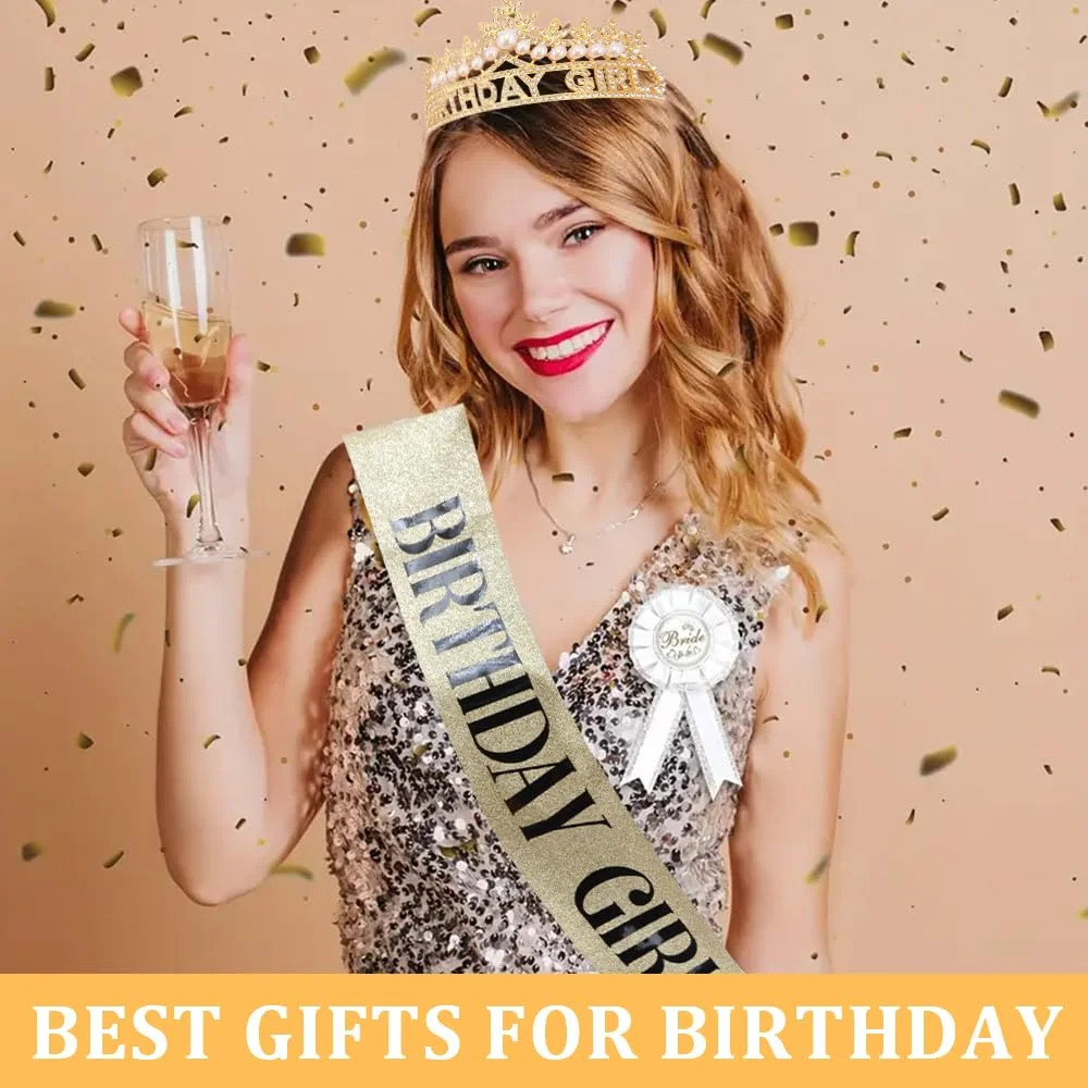 Gold Birthday Girl Crown and Sash, Pearl Birthday Tiara, Gold Birthdays Decorati