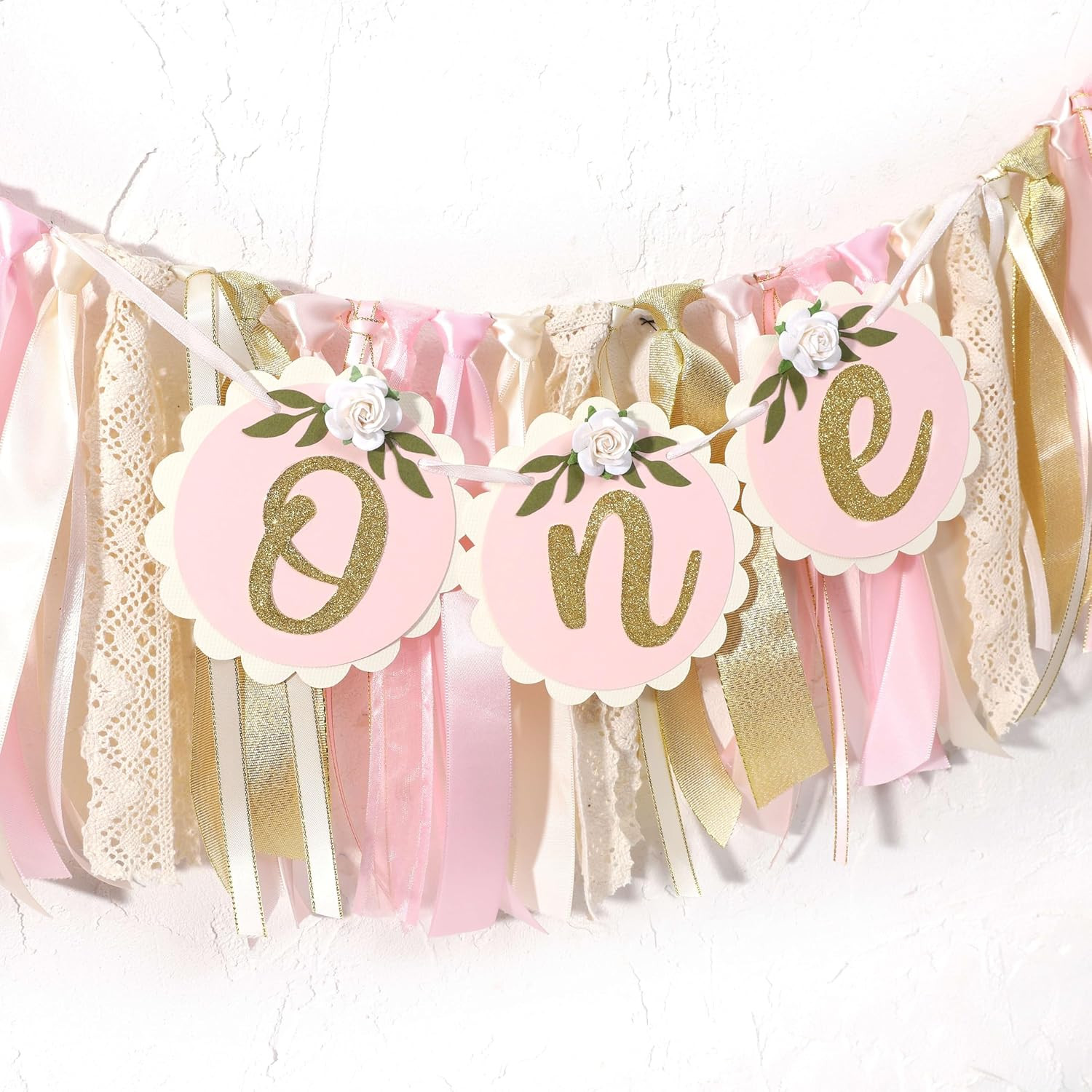 Pink Golden Floral High Chair Banner – Rose 1St Birthday Highchair Banner, Girls