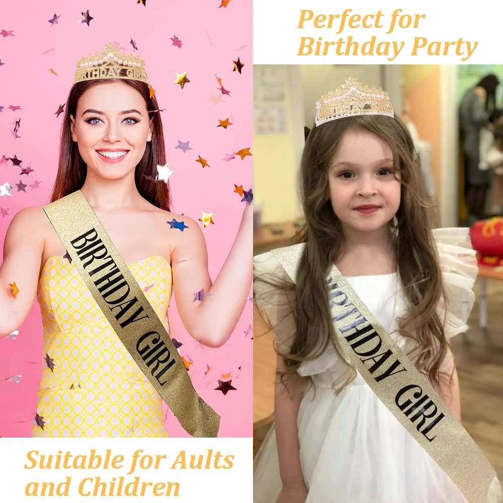 Gold Birthday Girl Crown and Sash, Pearl Birthday Tiara, Gold Birthdays Decorati