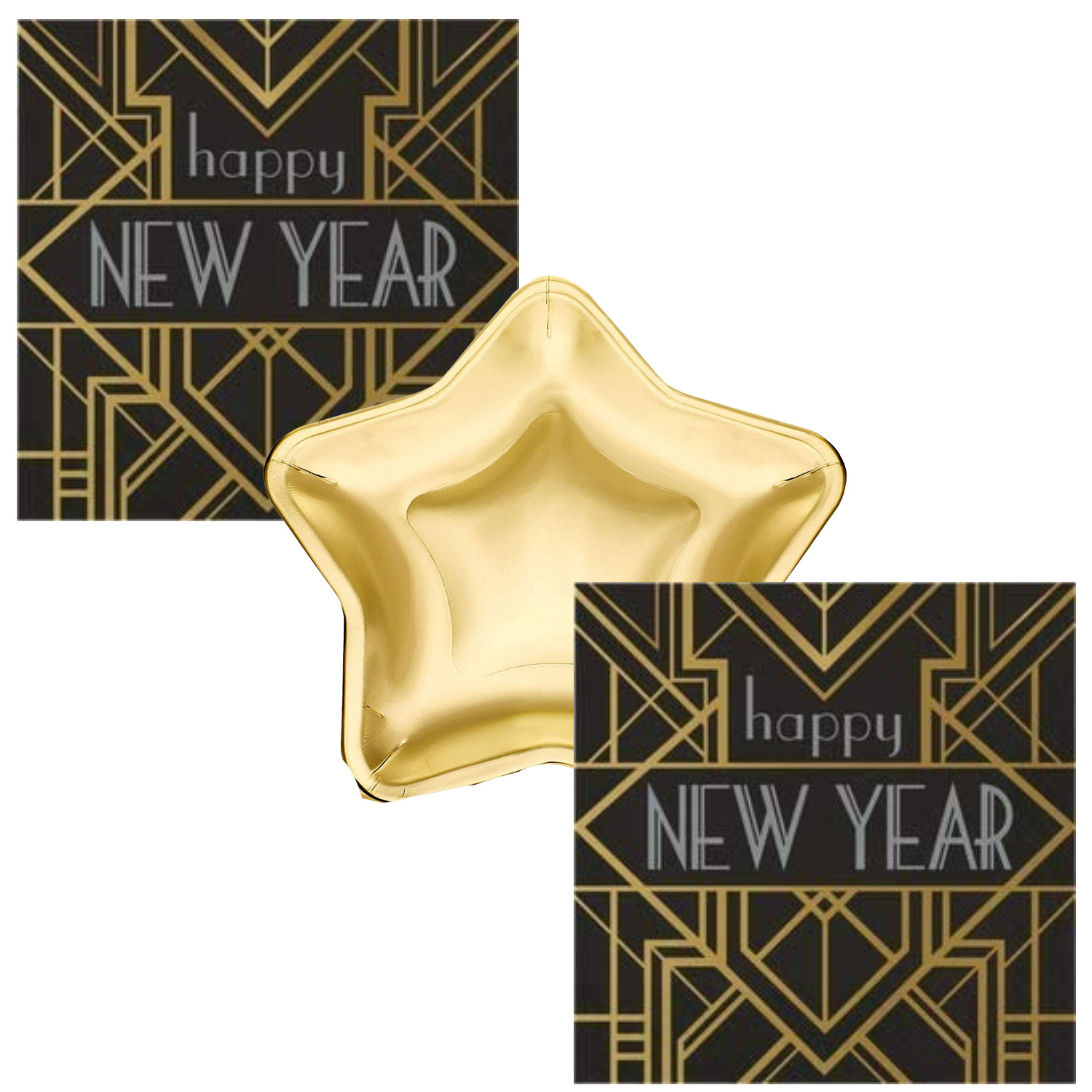 New Years Eve Plates and Napkins Roaring 20’s Art Deco Foil Stamp Star Plates