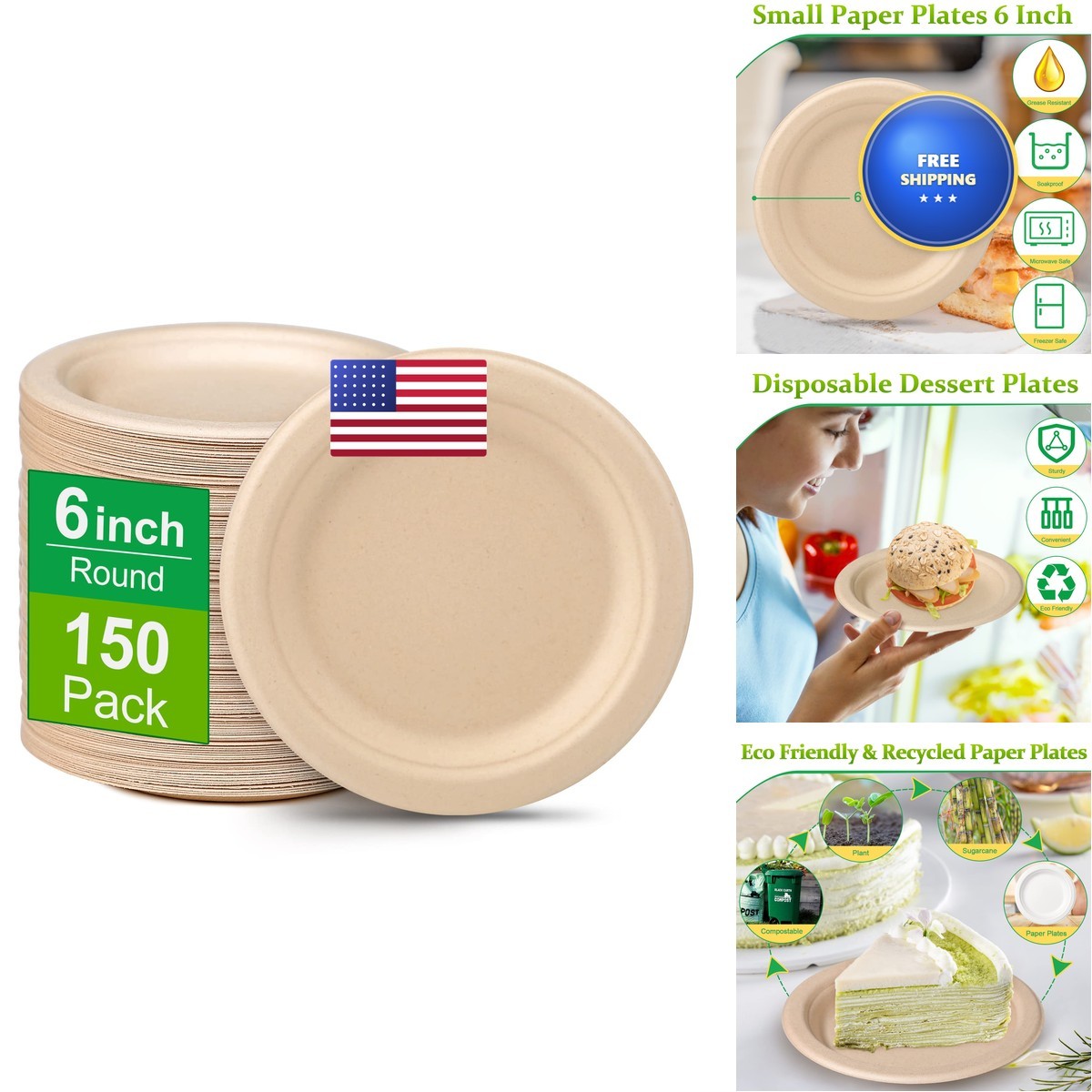Greconv 150 Pack Small Paper Plates 6 Inch 100 Compostable Plates Eco Friendly