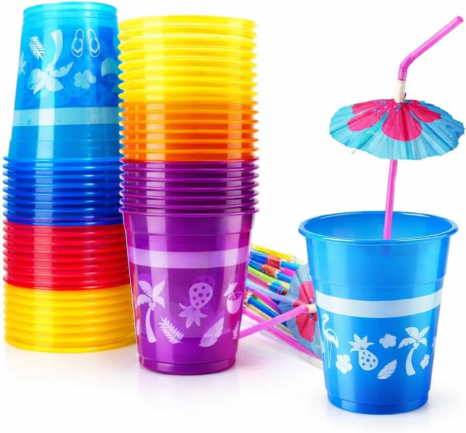 48 Packs Tropical Party Cups with Parasol Straws – Disposable Plastic Cups 16Oz
