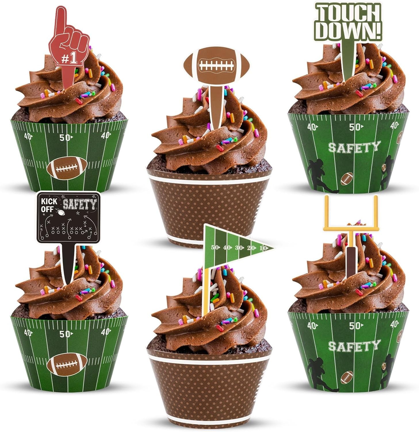 48 Pack Football Cupcake Toppers and Wrappers, Rugby Touchdown Cake Decoration f