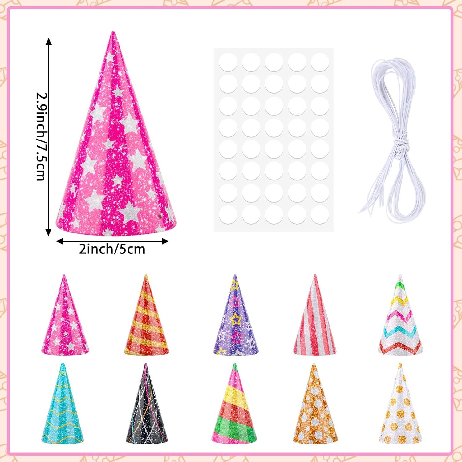 10Pcs Glitter Mini Party Cone Hats Set