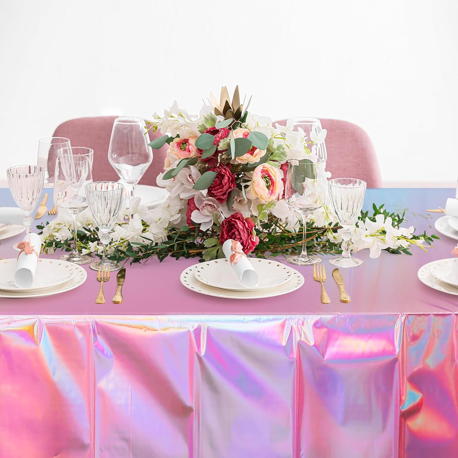 4 Pack Iridescent Pink Plastic Tablecloths, Shiny Disposable Laser Rectangle