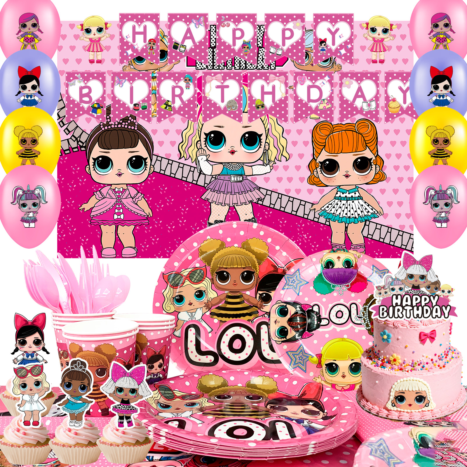 112 Pcs LOL Surprise Doll Party Decorations Surprise Doll Balloons Cups Backdrop