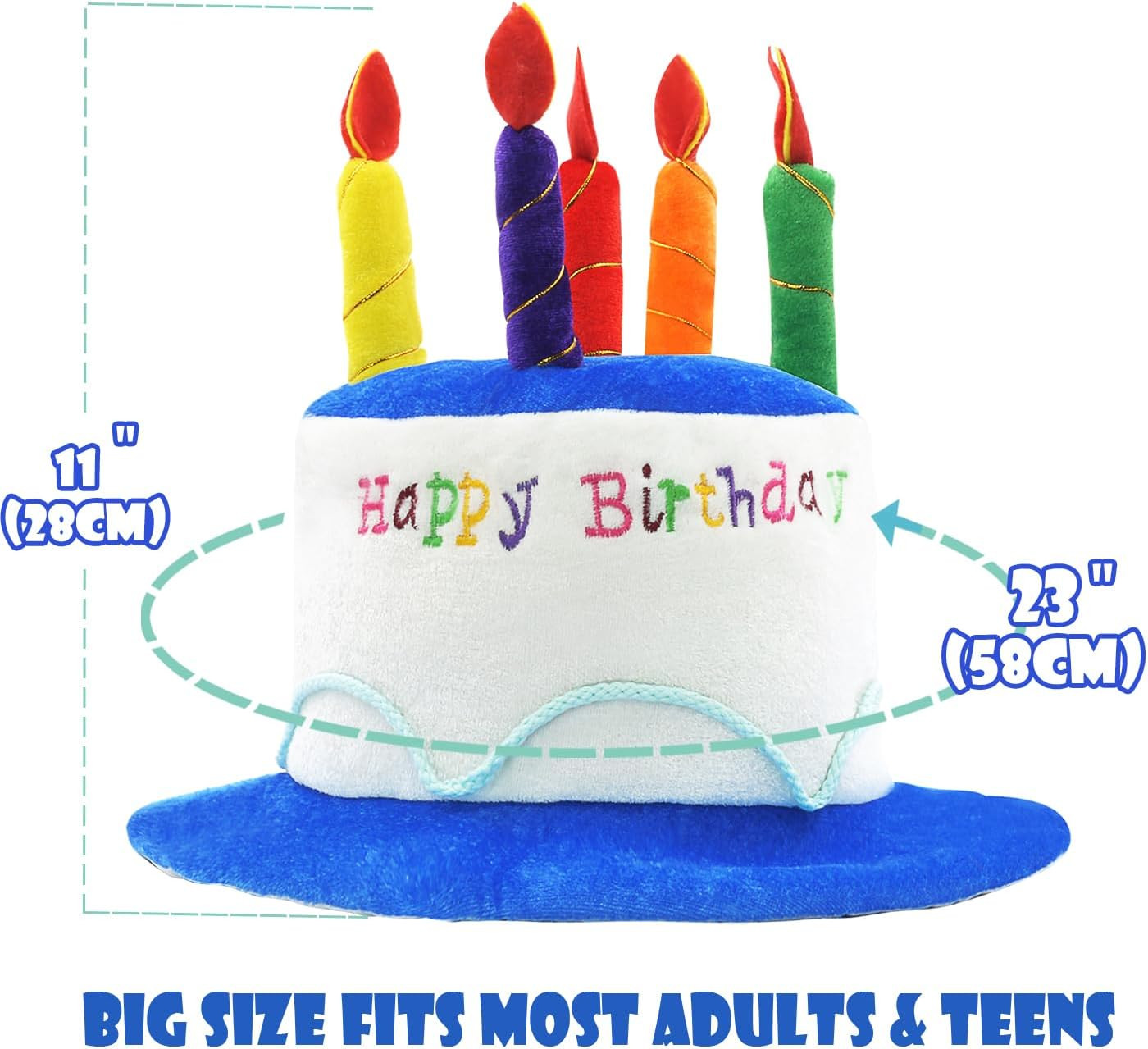 Blue Plush Happy Birthday Cake Hat – Unisex Adult Size Fancy Dress Party Hats –