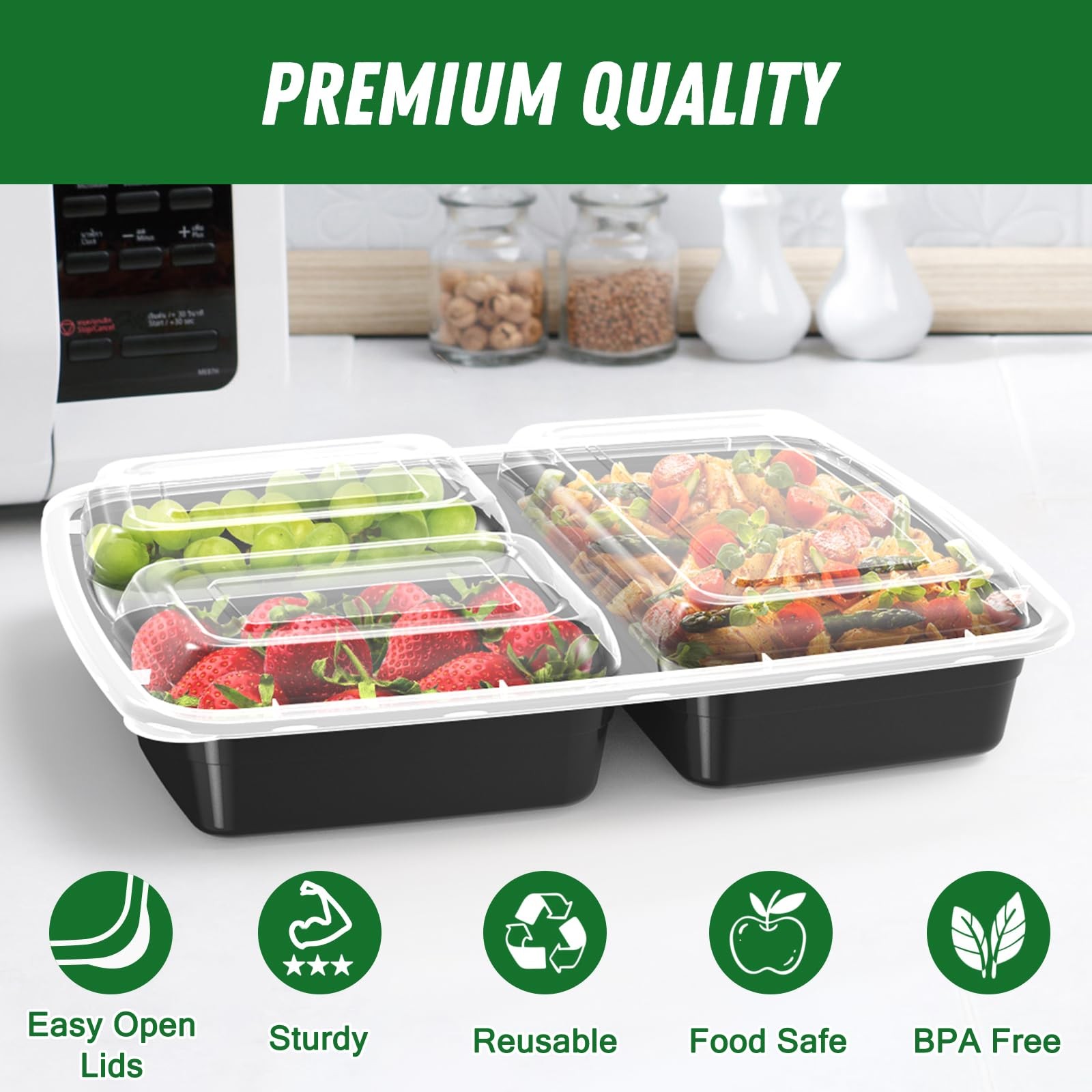 50 Pack (100-Piece) 32 oz Meal Prep Containers Reusable with Lids 3-Compartment,