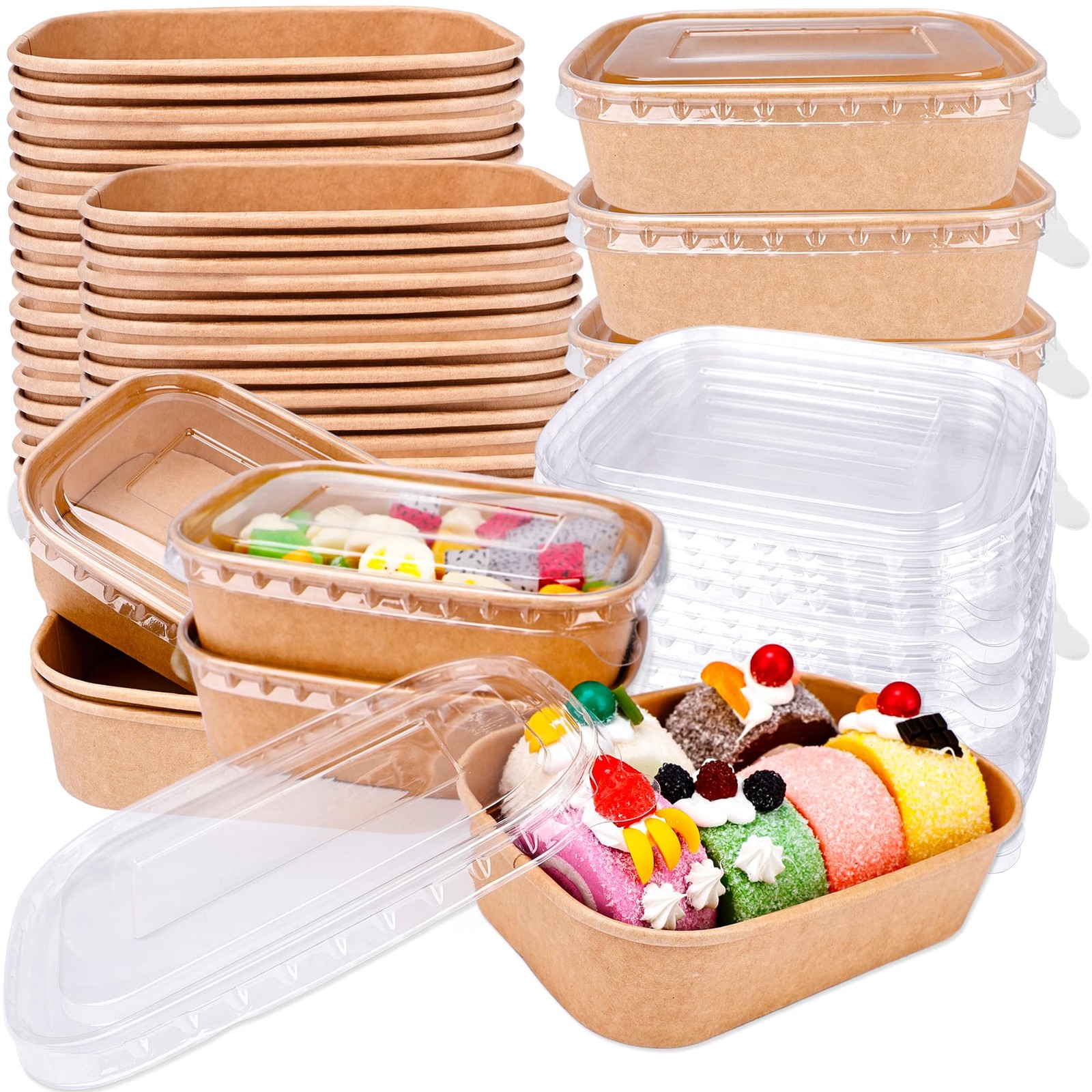 60 Pcs Disposable Kraft Bowl Bulk Rectangle Extra-Thick Leak-Proof Prep Food …