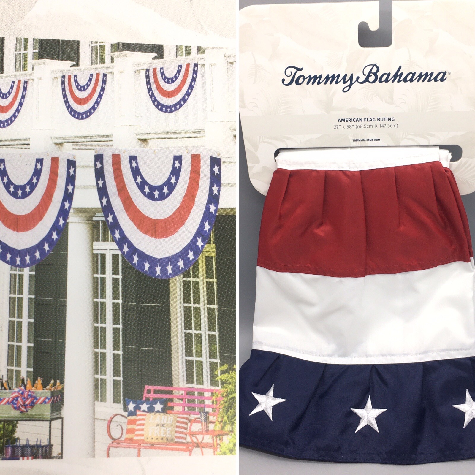 Tommy Bahama Bunting Embroidered Stars Handcrafted American Flag July 4th 58×27