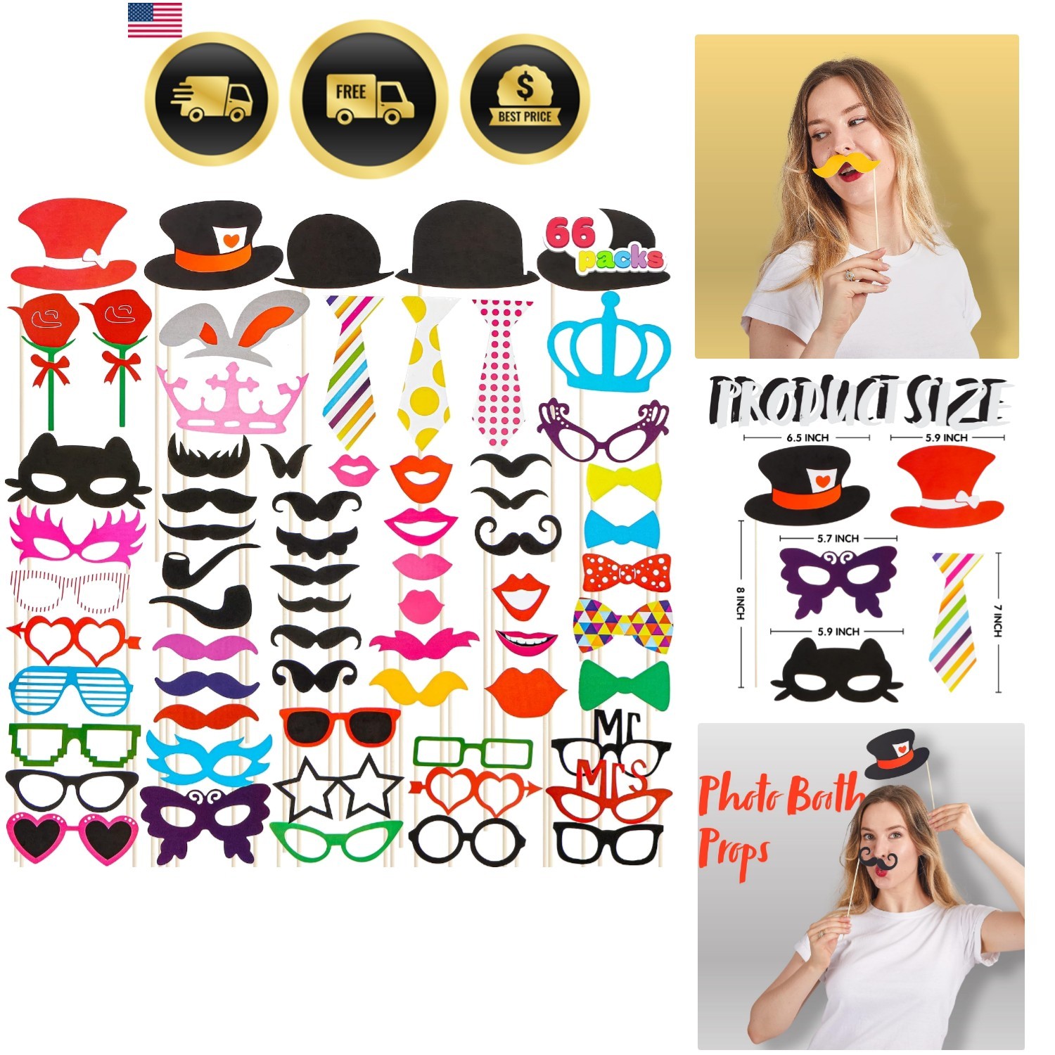 Photo Booth Props 66 Pieces Multi Color Party Favors for Graduation Wedding