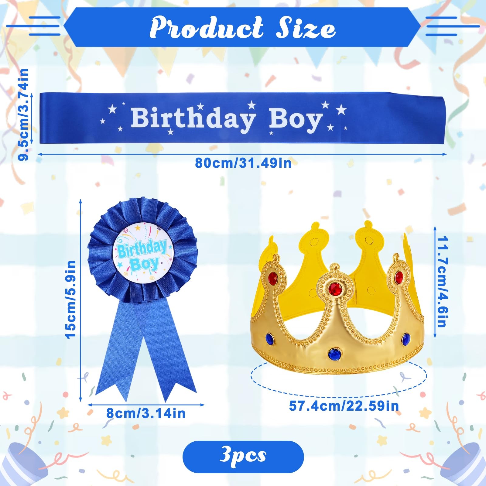 Aysatogc Birthday Crown Party Set, Boy Sash Hat Standard, Blue