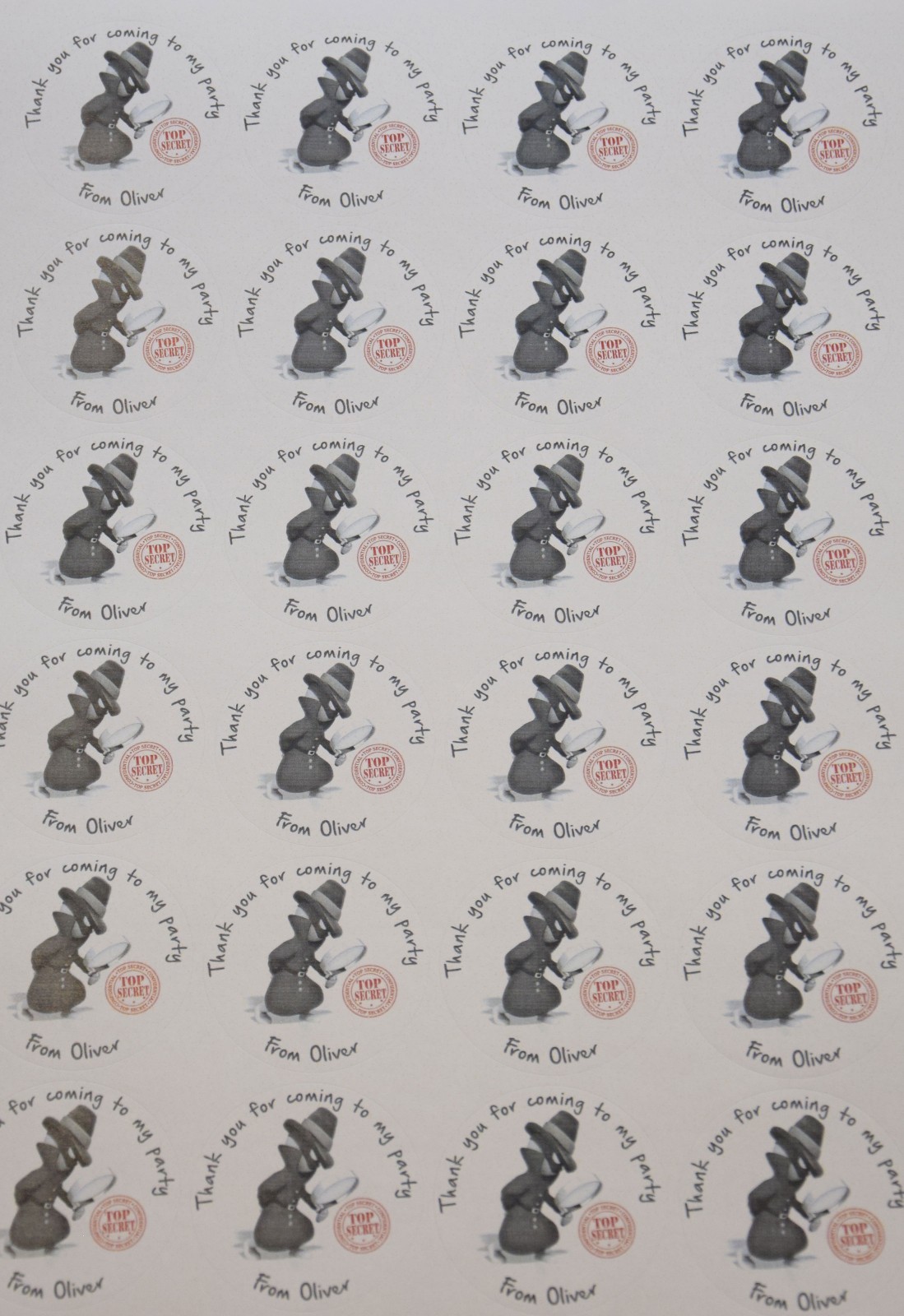 Sheet of Personalised Secret Agent Spy Party Stickers for Sweet Cones