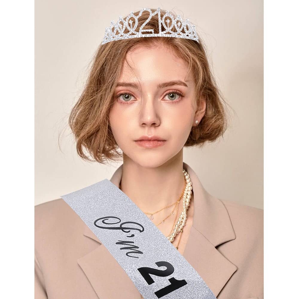21st Birthday Tiara and Sash Set – ‘I’m 21 Bitches’ Silver Sash Crystal Crown…
