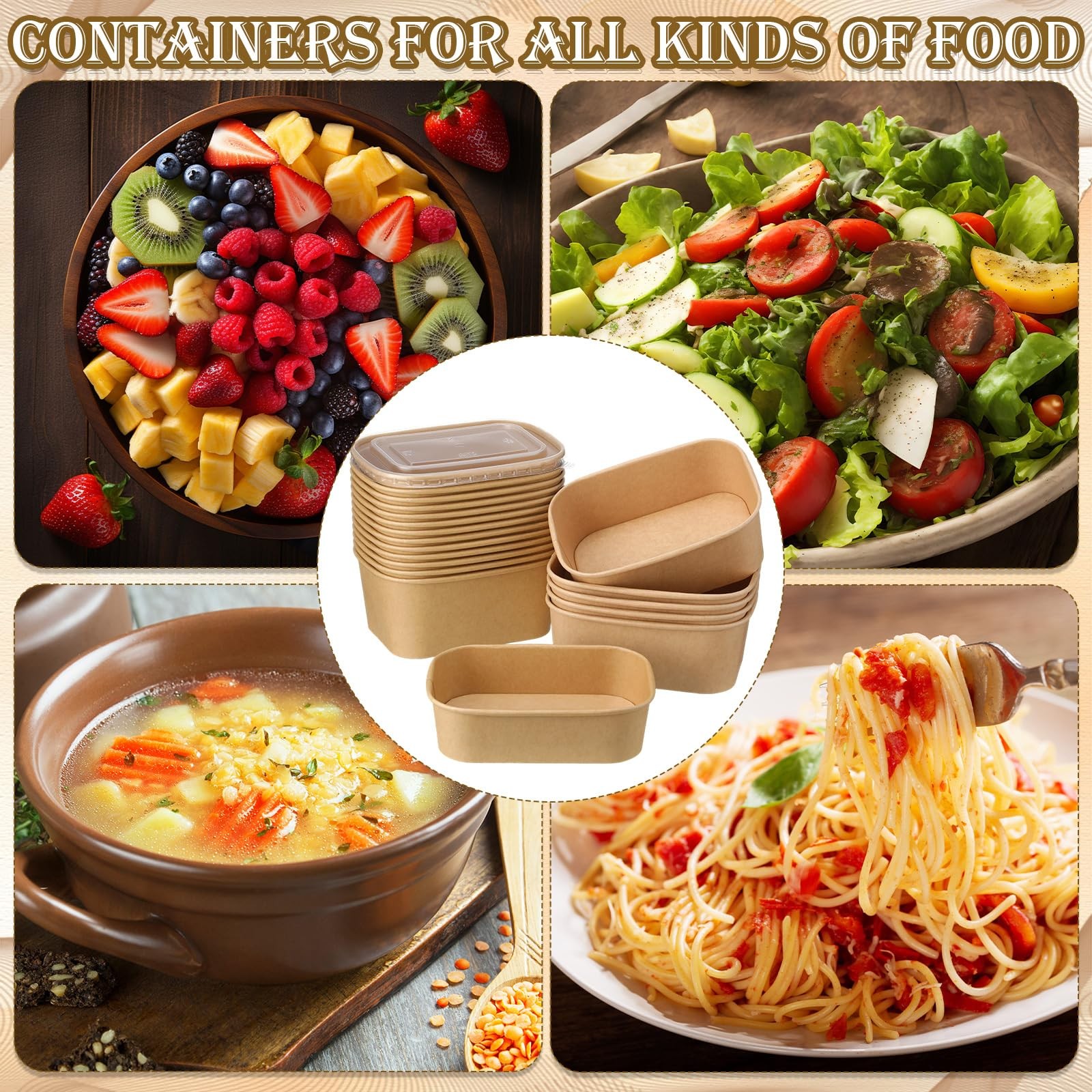 50 Set Paper Food Containers with Lids, 3 Sizes Variety Pack (17oz/29oz/34oz)…