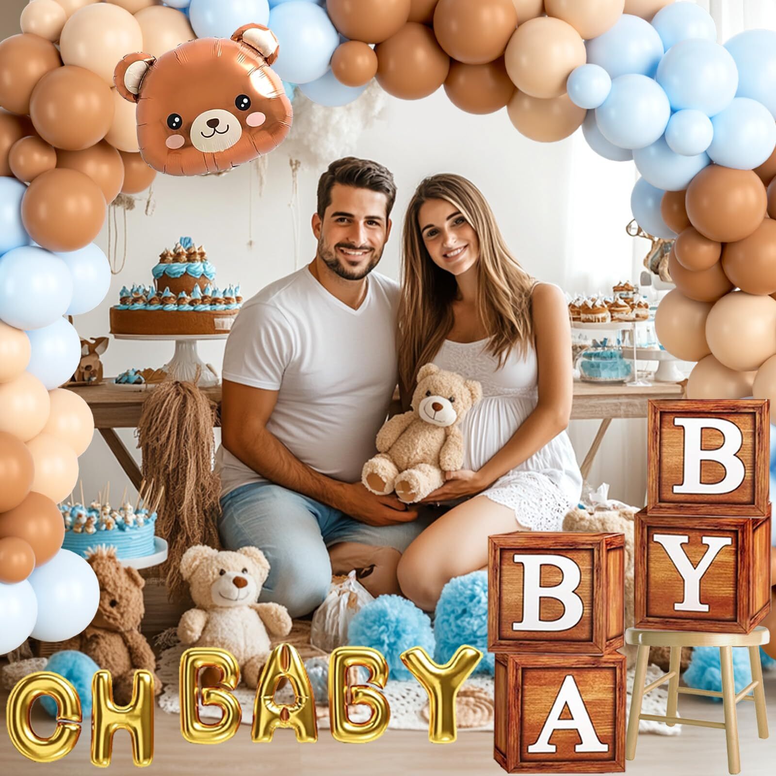 Teddy Bear Theme Blue And Brown Baby Shower Backdrop Balloon Decorations For Boy