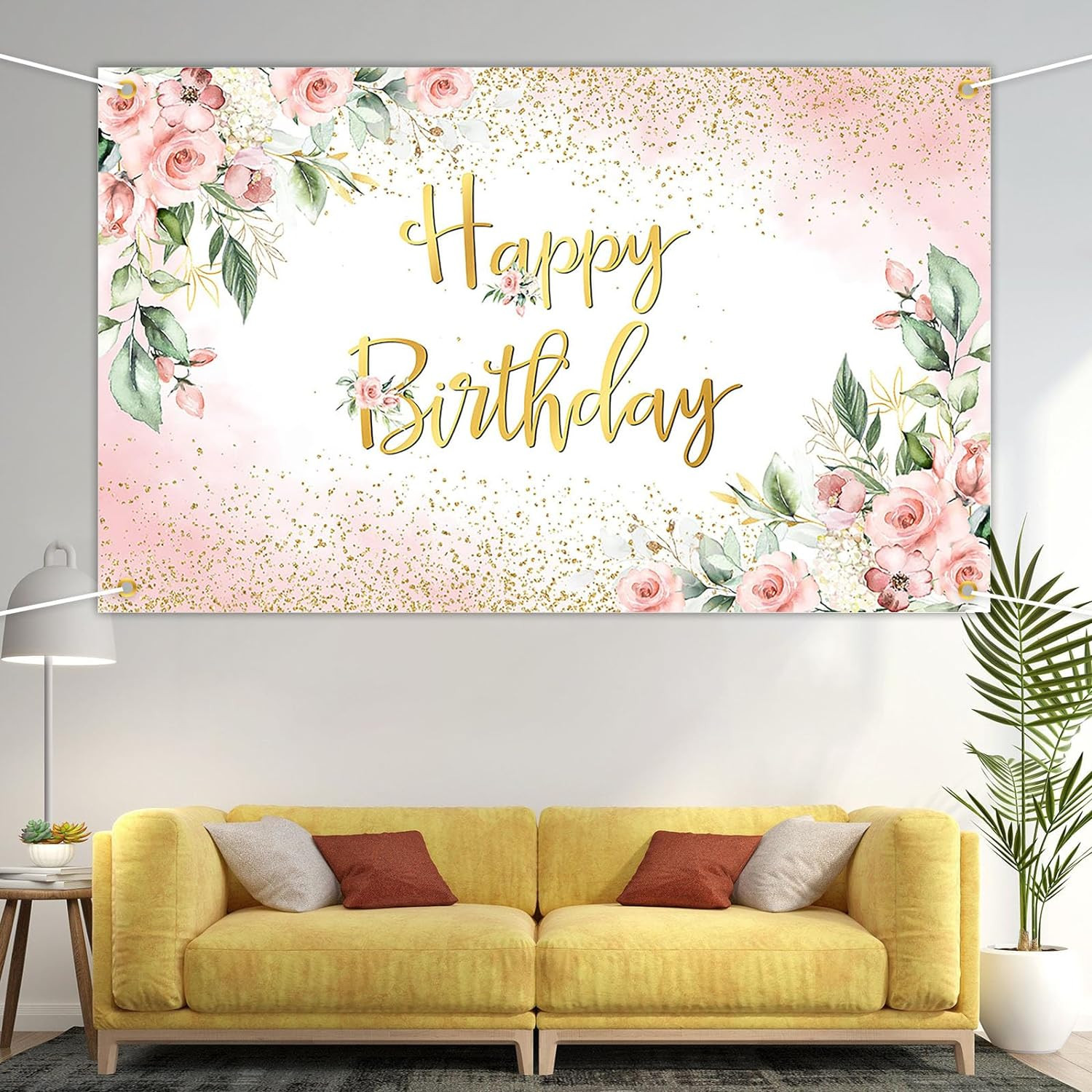 Rose Gold Birthday Backdrop for Women Pink Floral Golden Flash Happy Birthday Pa