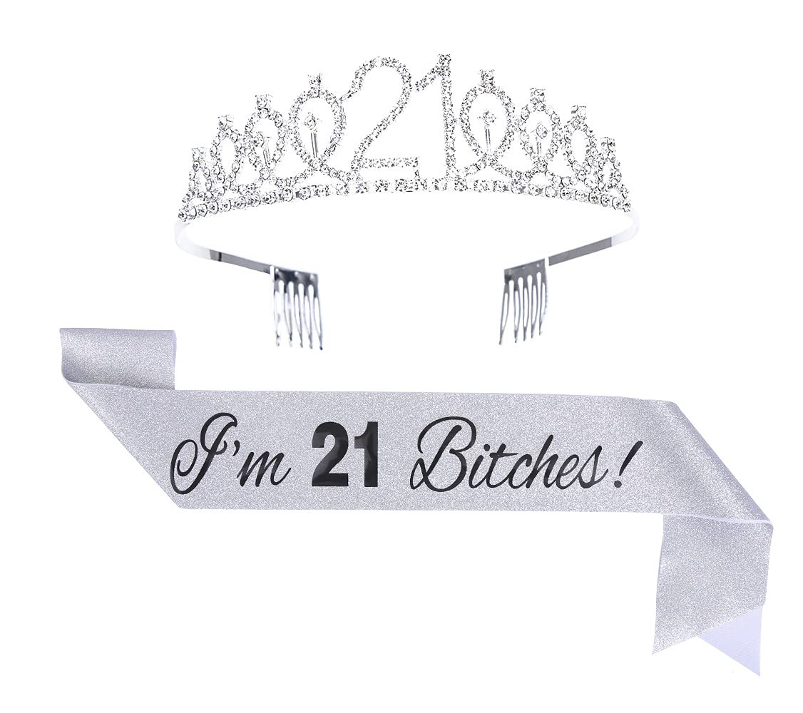 21st Birthday Tiara and Sash Set – ‘I’m 21 Bitches’ Silver Sash Crystal Crown…