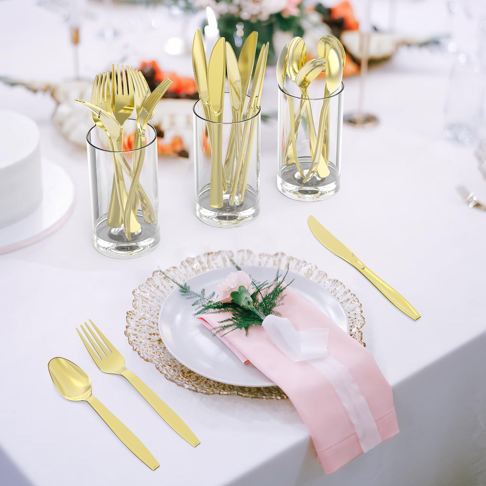 300 Count Extra Heavy Duty Gold Plastic Silverware, 100 Forks, 100 Spoons, 10…