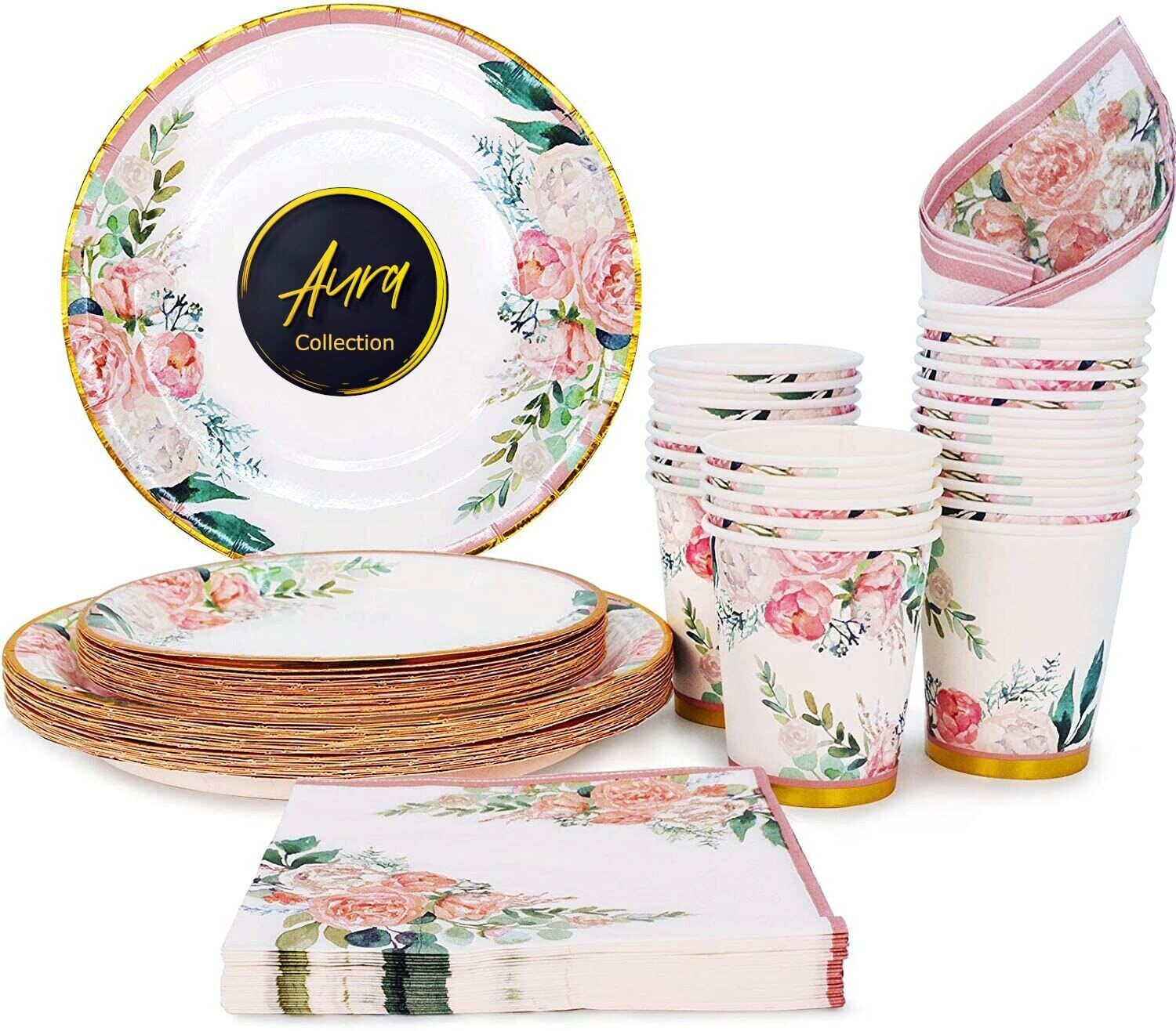 Disposable Floral Party Supplies Pink Plate Cups All Occasions 25 Serves 125 Pcs
