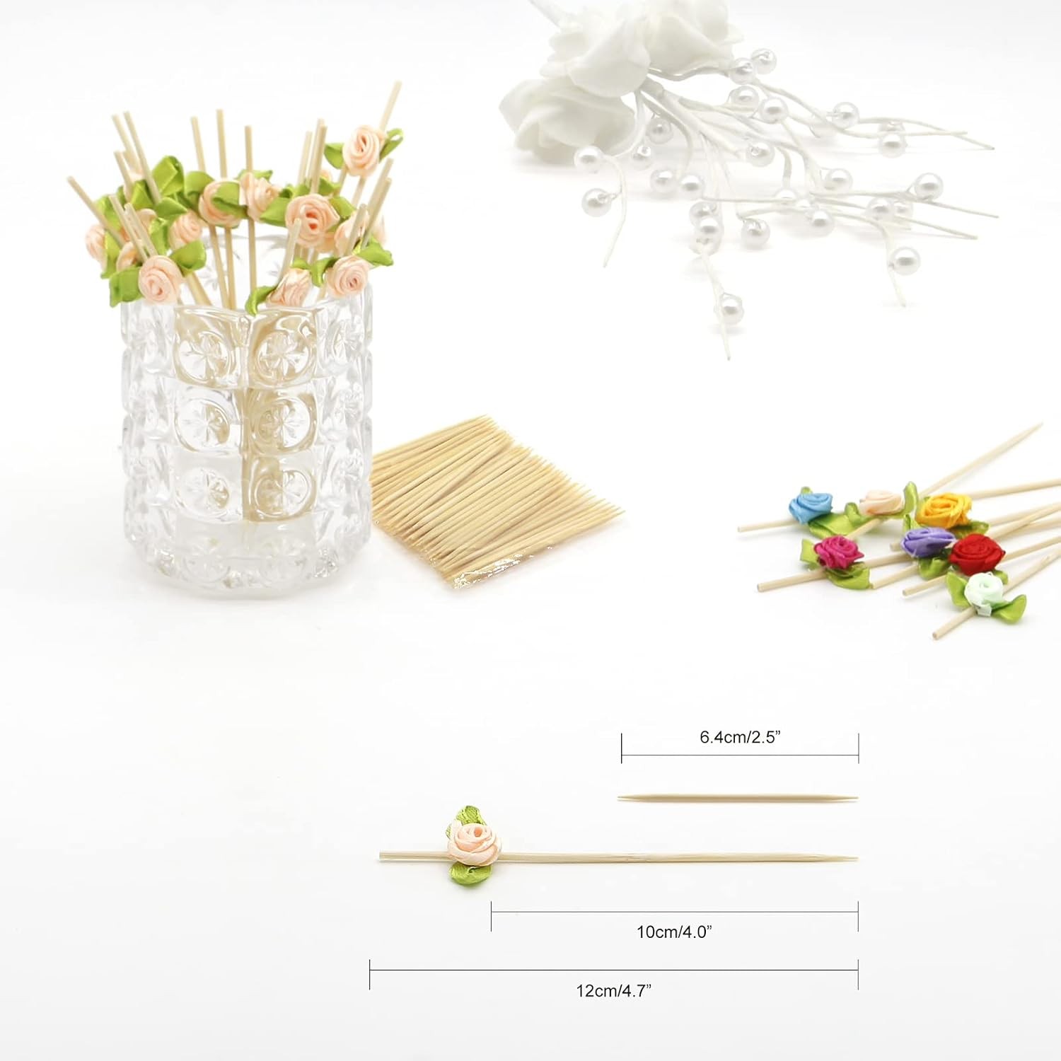 Pink Rose Flower Cocktail Picks, 4.7 Inch Long Bamboo Fancy Toothpicks for