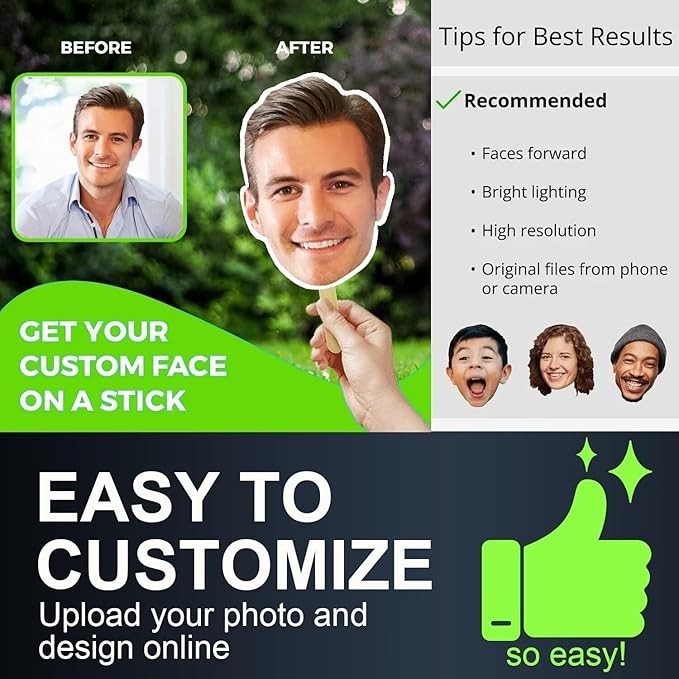 Custom Face Cutouts | 12″ Set of 4 Handheld Signs | Party & Graduation Fun Décor