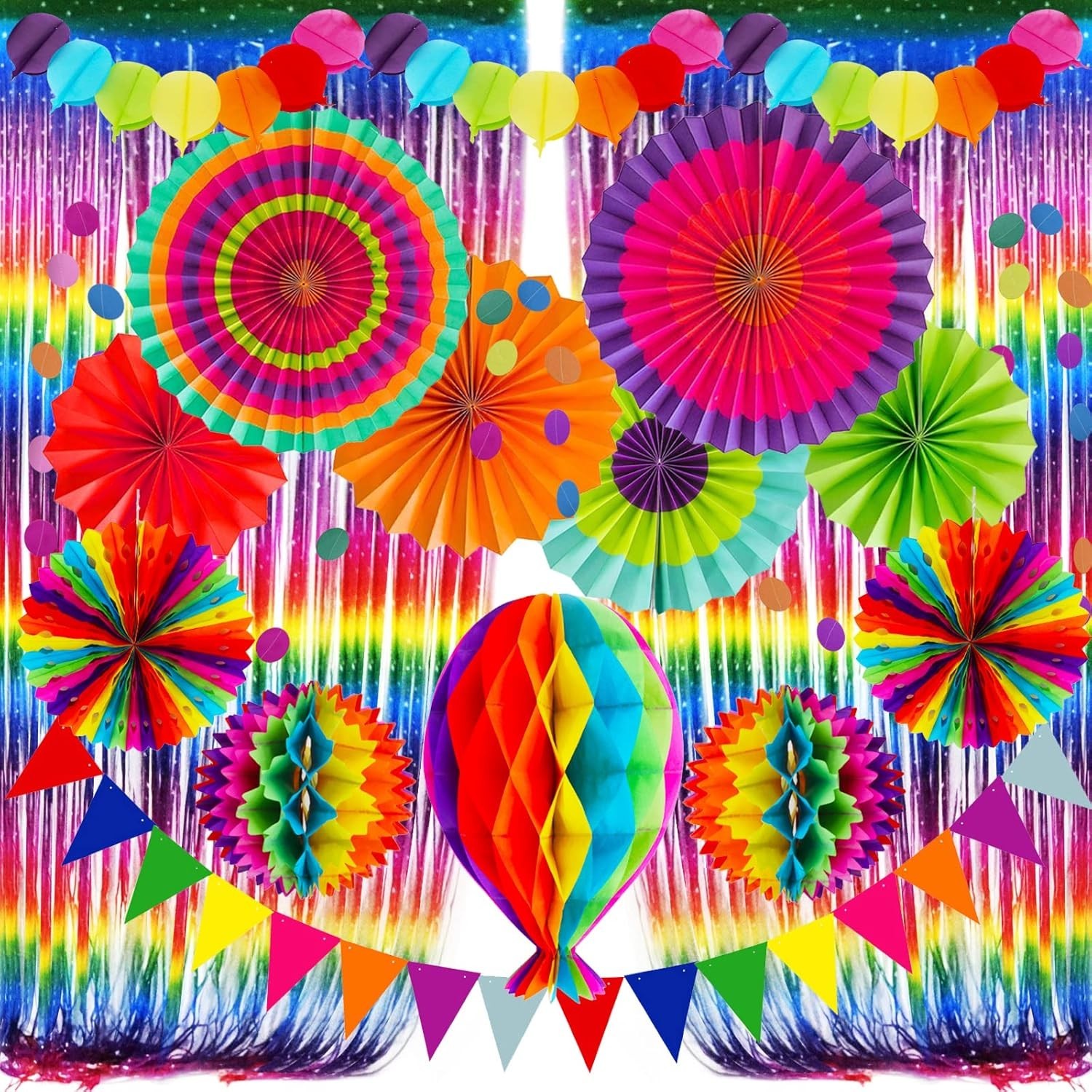 Party Decorations, Colourful Rainbow Foil Fringe Curtain Fiesta Hanging Paper…