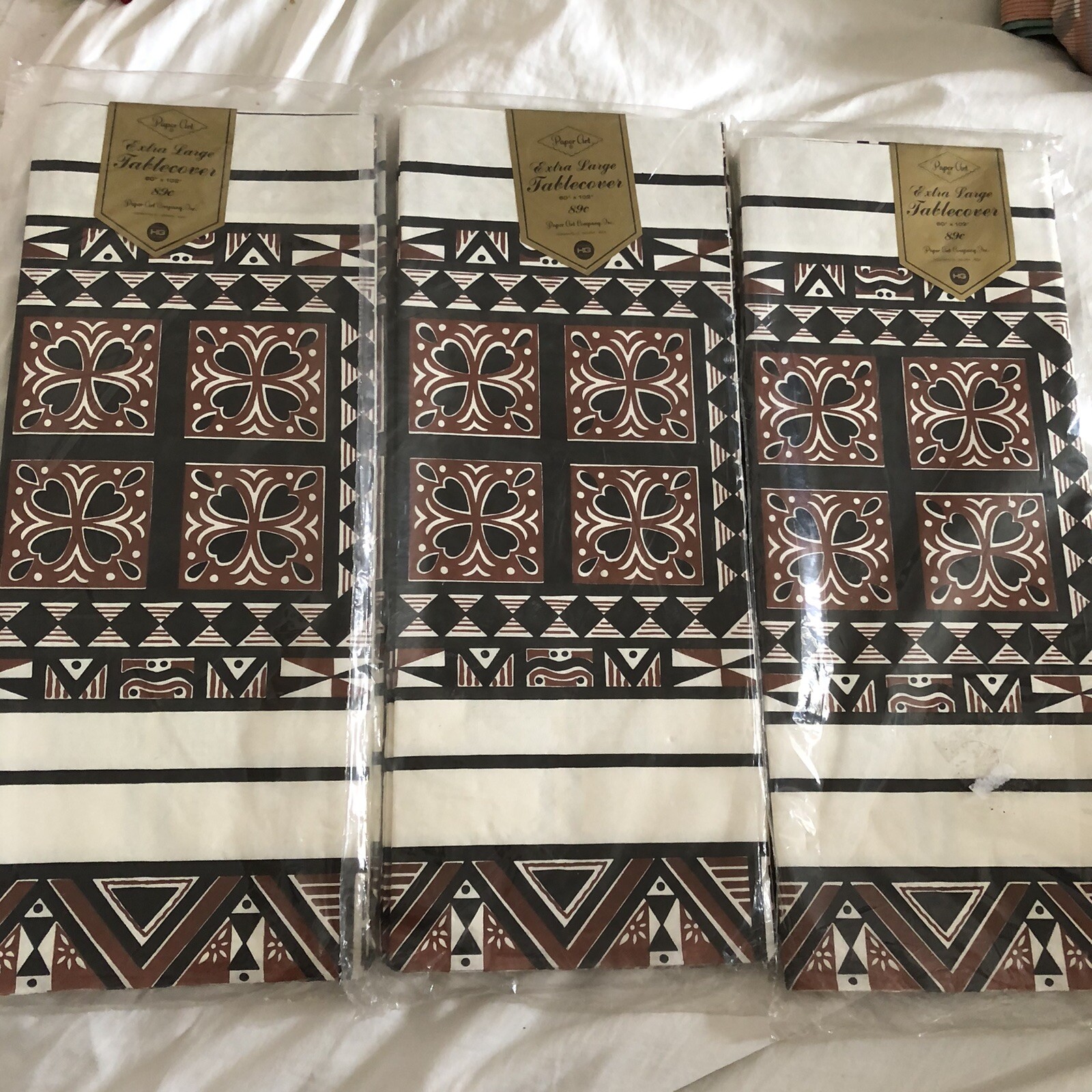3 Vintage PAPER ART Brown Black White Tiki Print Extra Large 60×102 Tablecovers