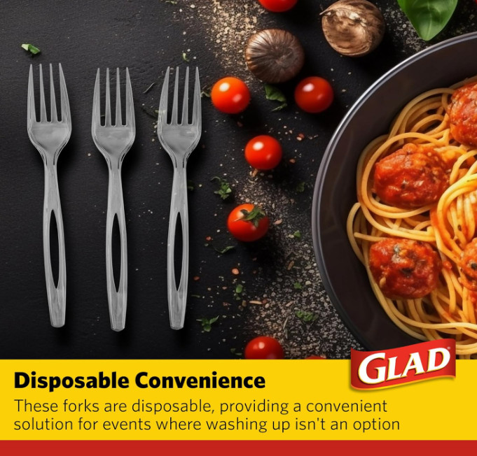 Glad Clear Heavy Duty Plastic Forks Reduced-Plastic Open Handle Break-Resistant