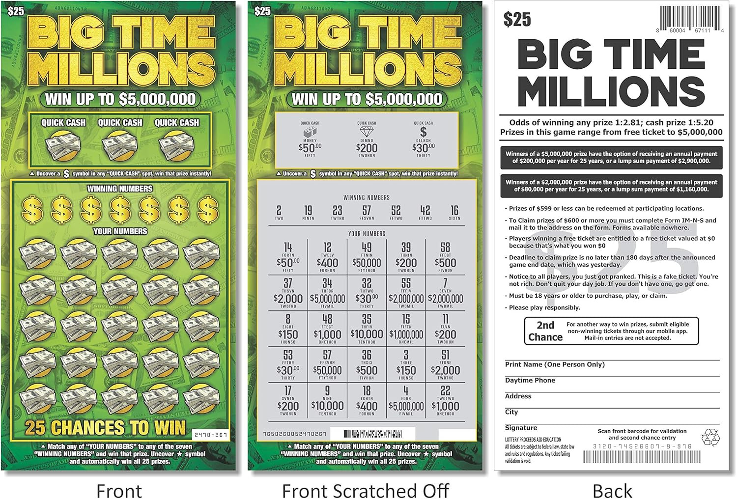 Prank Gag Fake Lottery Tickets – 8 Total Tickets, 4 of Each Winning Tick